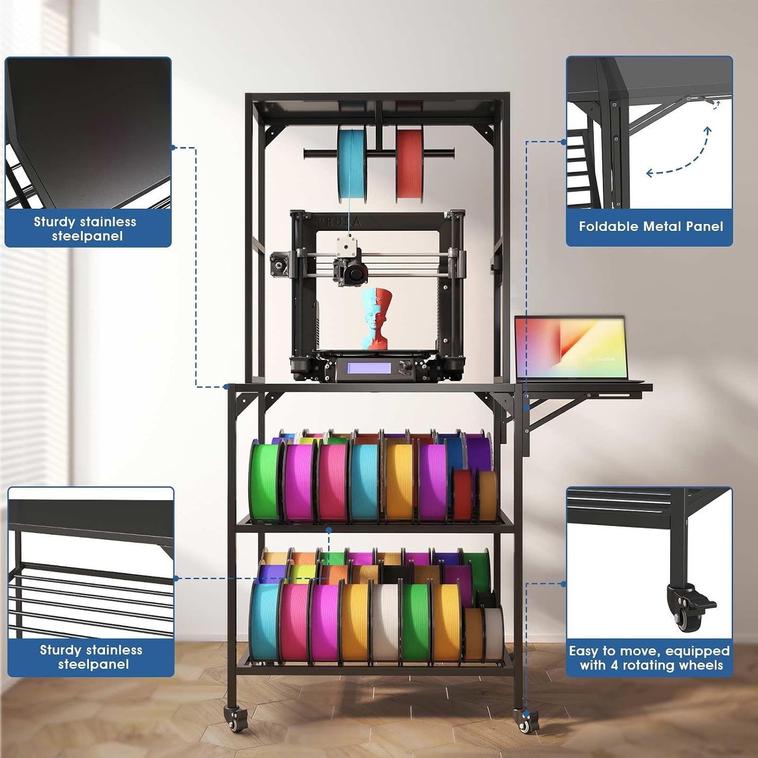 3D Printer Stand with Lockable Wheels | 3d printer cart with T-Shaped Filament Storage & 200LB Workbench for Home Office, Studio | Metal Frame & Easy Assembly
