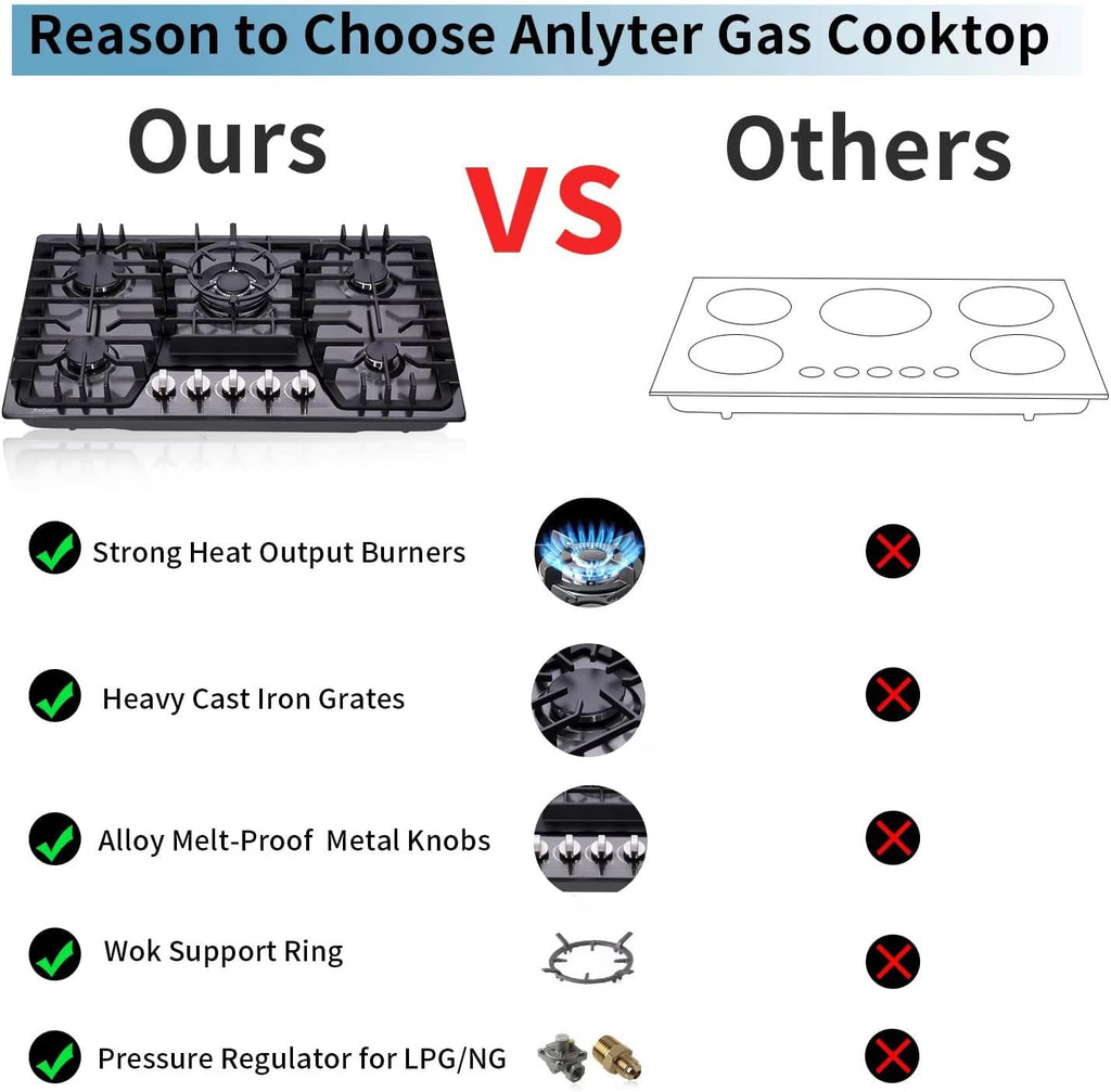 30 Inch Gas Cooktop, 5 Burners Built-in Stovetop, Stainless Steel LPG/NG Convertible Stove, Dual Fuel Sealed Hob - Black
