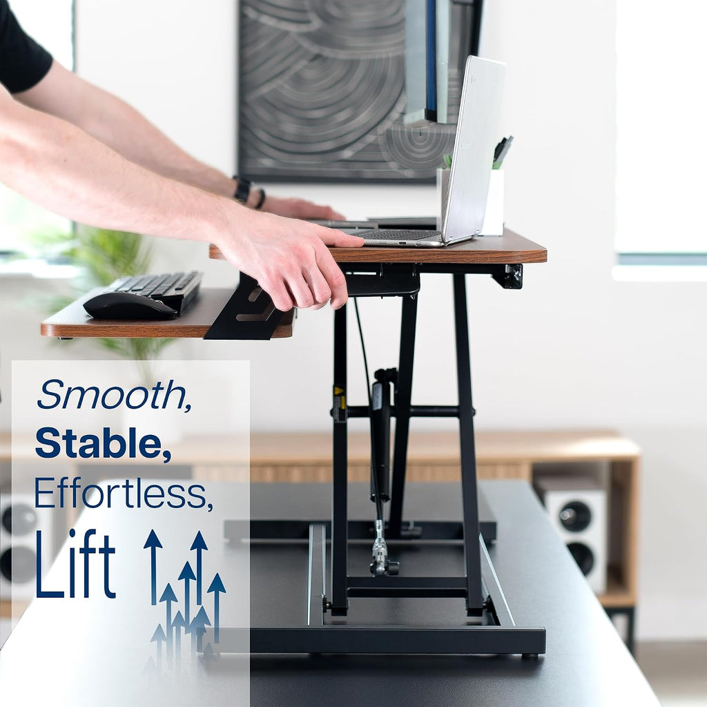 VIVO Height Adjustable 32 inch Stand Up Desk Converter, Quick Sit to Stand Tabletop Dual Monitor Riser Workstation, Dark Walnut Desktop, Black Frame, DESK-V000SD