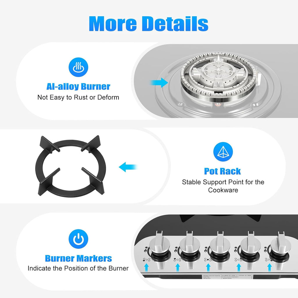 5 Burner Gas Stove, 30In Gas Cooktop, NG/LPG Dual Fuel Cooktops Gas Cooker, Built-In Stove Top Stainless Steel with Tempered Glass Panel, Independent Switch Control, for Home Kitchen, Restaurant