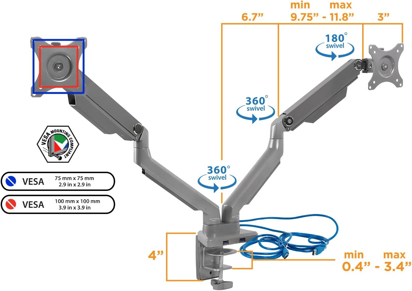 Mount-It! Dual Monitor Desk Mount with USB 3.0 Ports, Full Motion Dual Monitor Stand for 2 Screens up to 32 Inches, VESA 75x75 & 100x100, Clamp or Grommet Installation