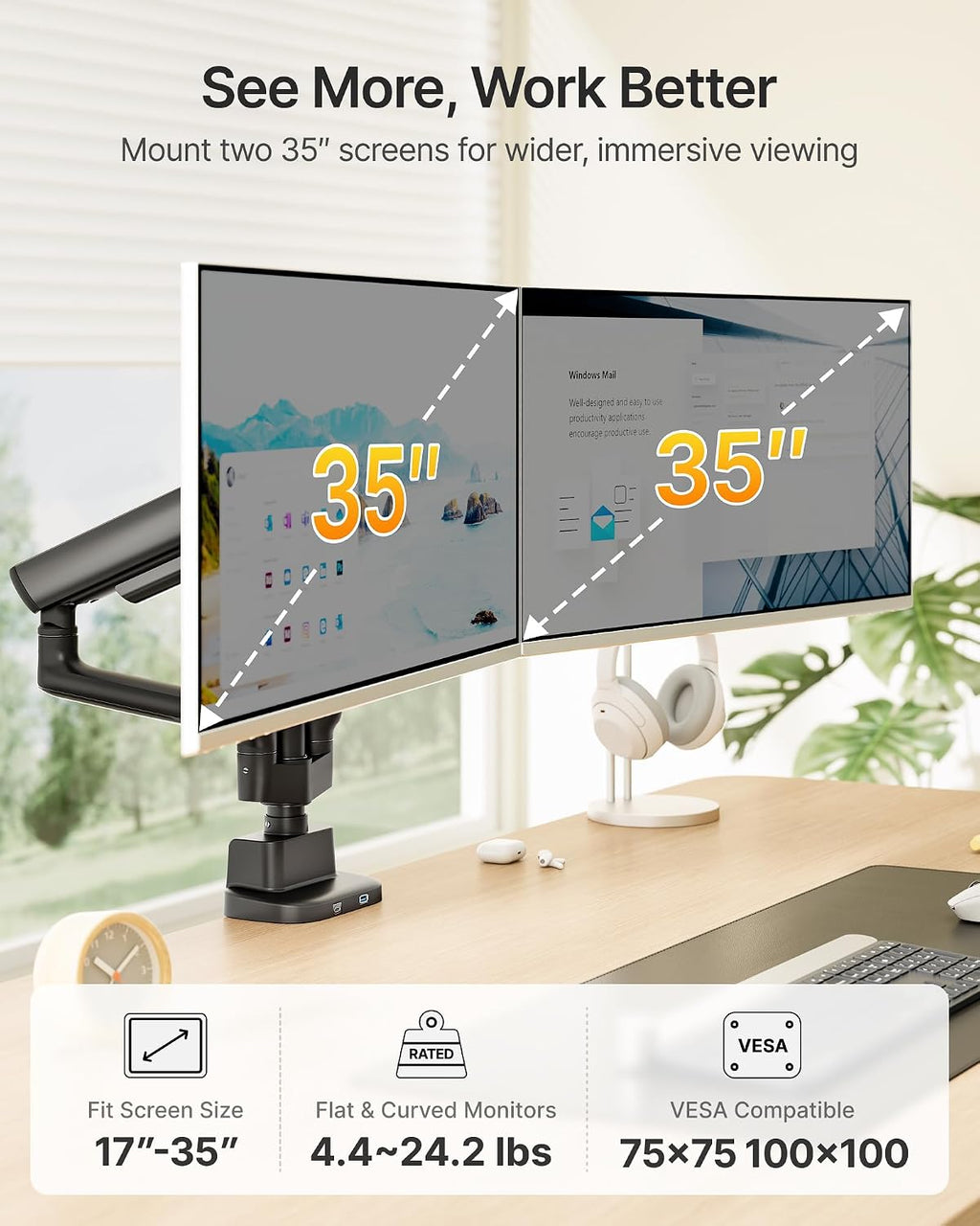 monTEK Dual Tall Monitor Arm with USB, Mechanical Spring Monitor Arm for 17-35' Screens, Adjustable Monitors Desk Mount Each Holds up to 24.2 lbs with C Clamp/Grommet, VESA 75/100mm