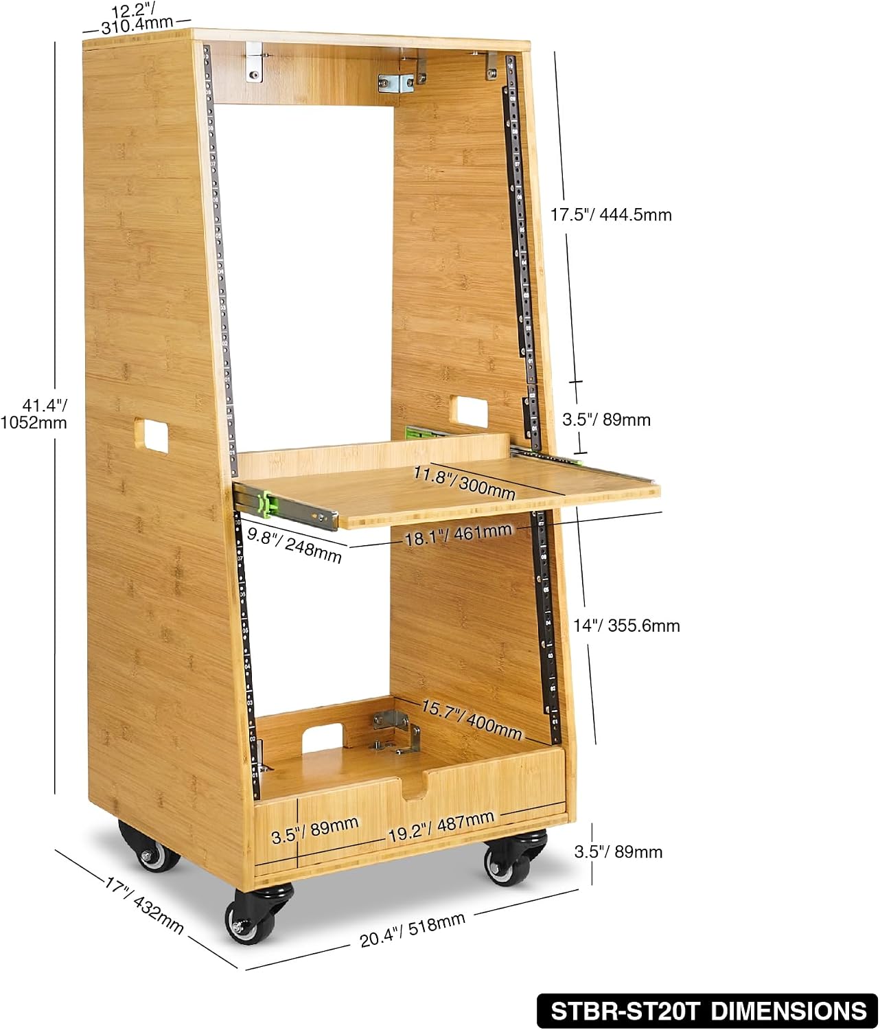 Sound Town DIY Solid Carbonized Bamboo Slanted 20U Studio Rack (12U Top + 8U Lower), with 2U Bottom Storage, Slide-Out Tray, Caster, For Recording Room, Home Studio (STBR-ST20T)