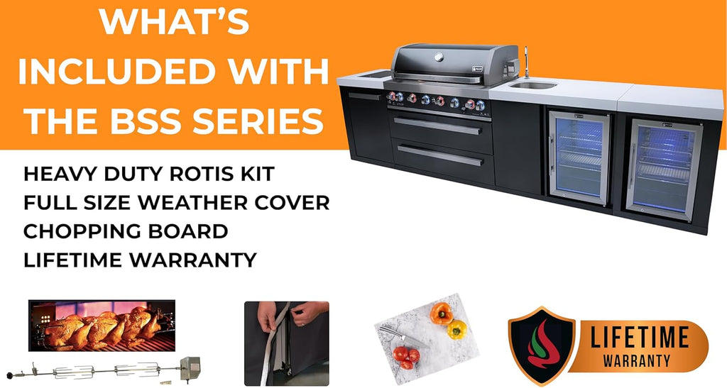 Mont Alpi 82'W x 23'D x 46'H Black Stainless Steel Modular Outdoor Kitchen Island with Refrigerator + 32'W 4-Burner BBQ Gas Grill + Side Burner + Granite Countertops + Storage Cabinets & Drawers