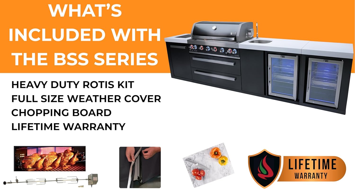 Mont Alpi 82'W x 23'D x 46'H Black Stainless Steel Modular Outdoor Kitchen Island with Refrigerator + 32'W 4-Burner BBQ Gas Grill + Side Burner + Granite Countertops + Storage Cabinets & Drawers