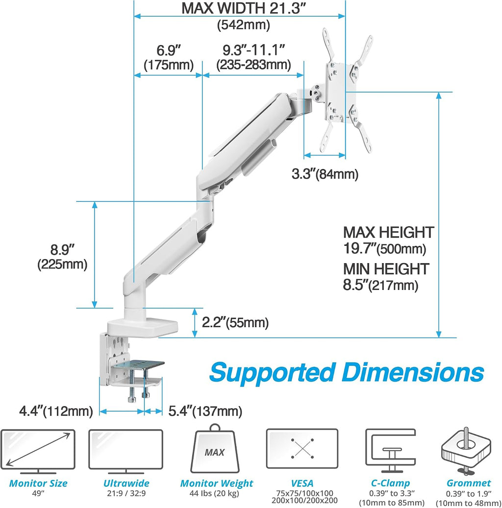 AVLT RGB Lights Single 17'-49' Gaming Monitor Arm Desk Mount, Fits One Flat/Curved/Ultrawide Screen up to 44lbs(20kg), Height Swivel Tilt Adjustable Stand - White