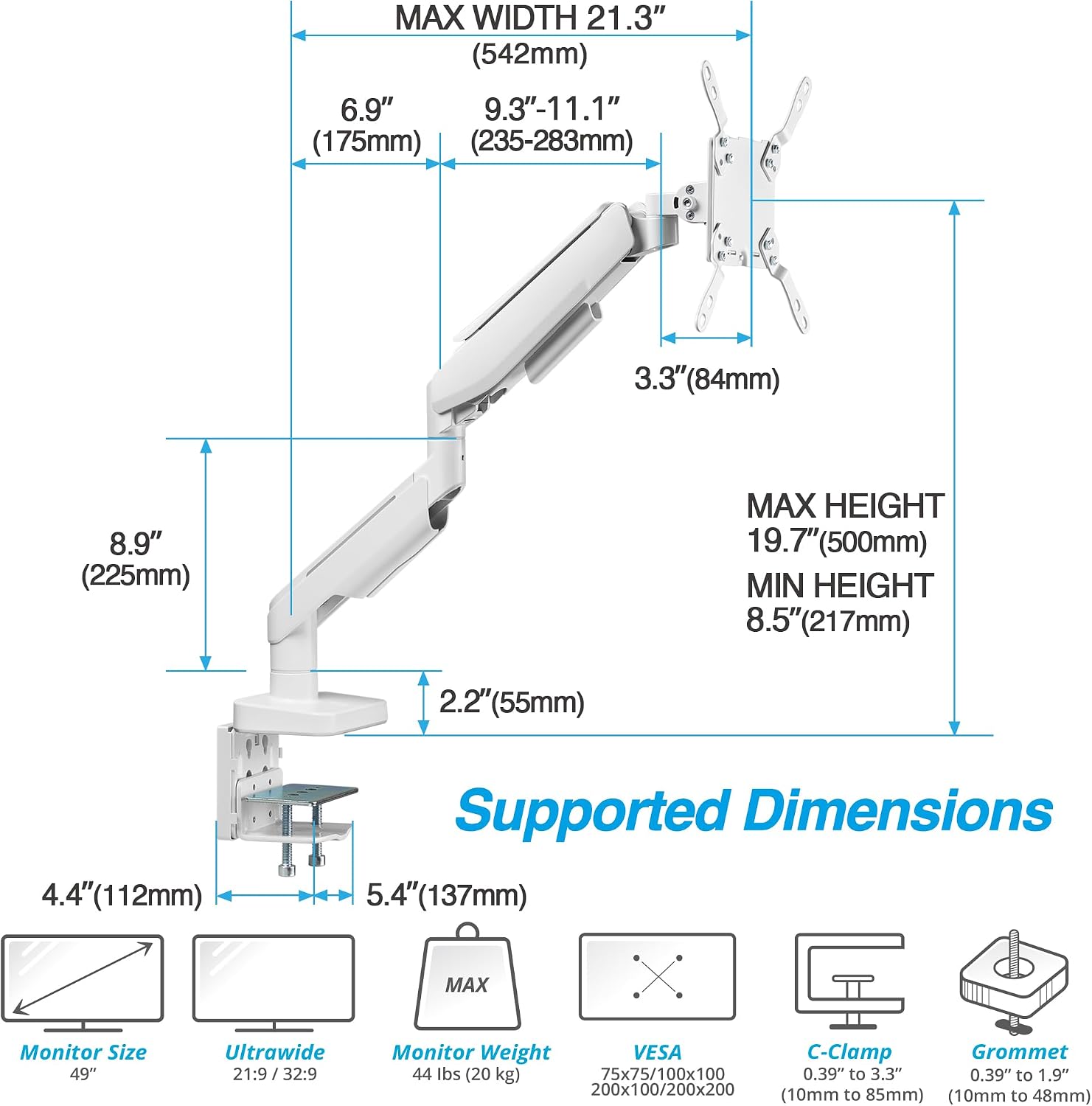 AVLT RGB Lights Single 17'-49' Gaming Monitor Arm Desk Mount, Fits One Flat/Curved/Ultrawide Screen up to 44lbs(20kg), Height Swivel Tilt Adjustable Stand - White
