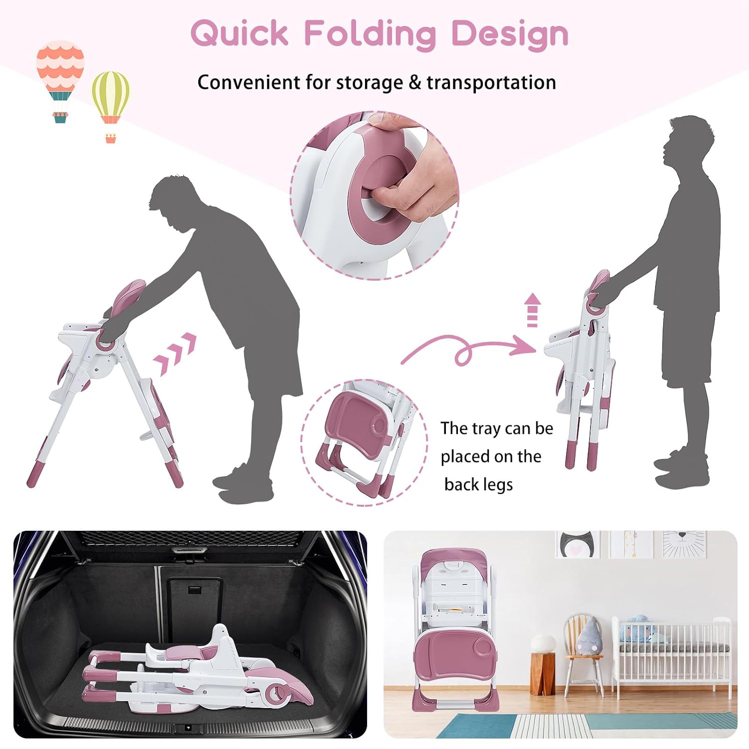 GAOMON Baby High Chair, Multifunctional Infant Highchairs with Adjustable Height and Recline, Foldable High Chair for Babies & Toddlers, High Chair with Removable Tray Easy Clean (Lilac)