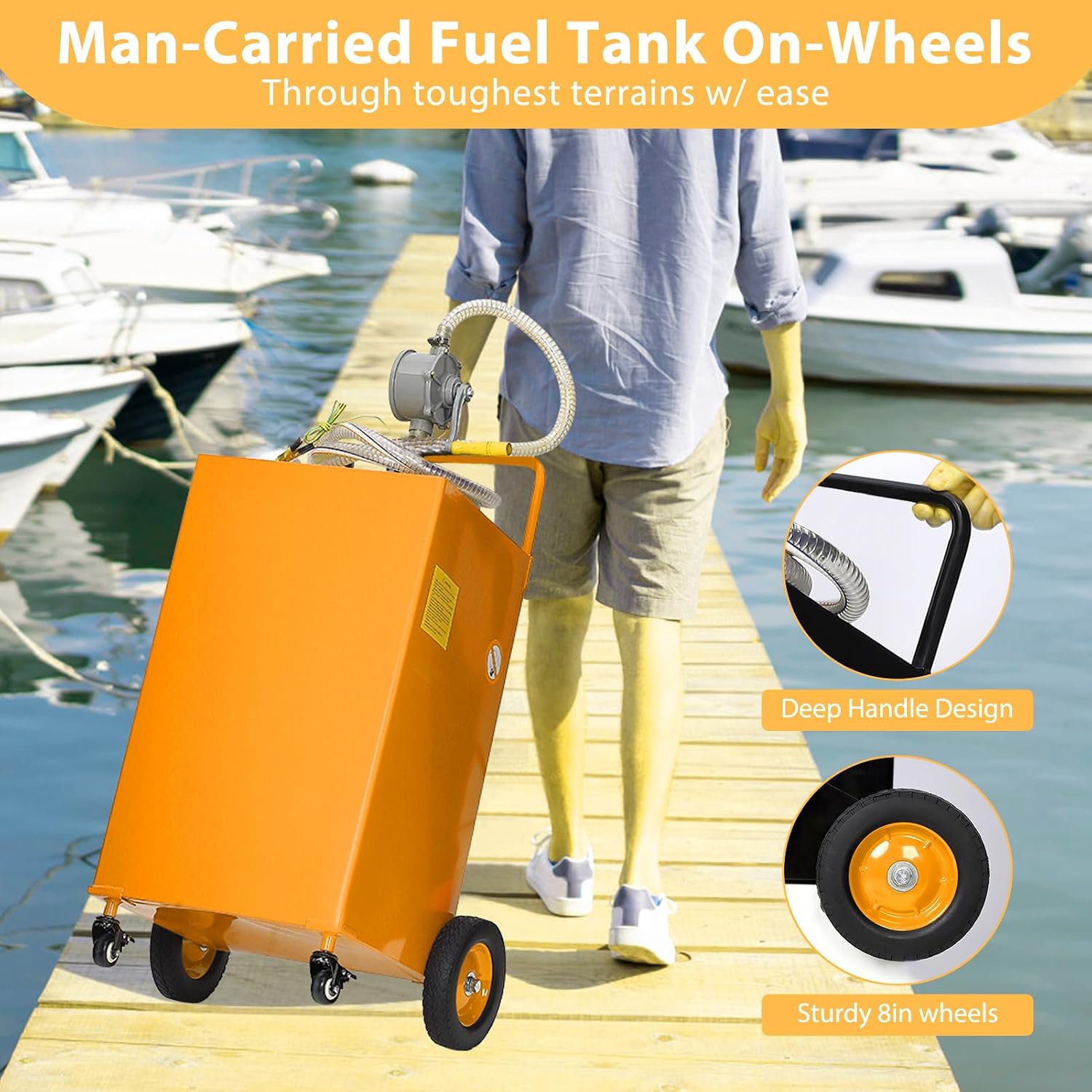 Garvee 50 gal Fuel Caddy with Manual Pump – Heavy Duty Gasoline & Diesel Transfer Tank On 4 Wheels, Spill-Proof Portable Fuel Container for Boat, Truck, Lawn Mower, ATV, Garage & Farm – Orange