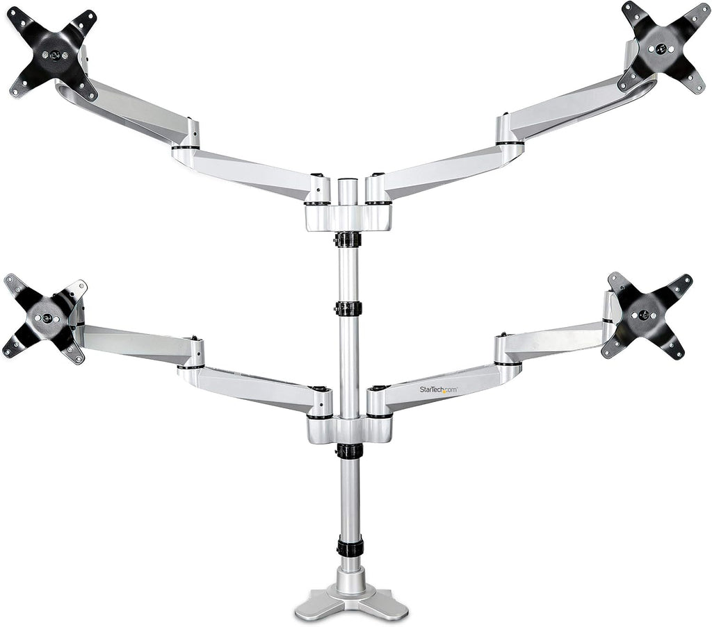 StarTech.com Desk Mount Quad Monitor Arm, Premium Articulating VESA 4X Monitor Mount 2x2 up to 30' (24.8lb/11.3kg), Height Adjustable Pole, Tilt Swivel Rotate, Clamp or Grommet Base, TAA