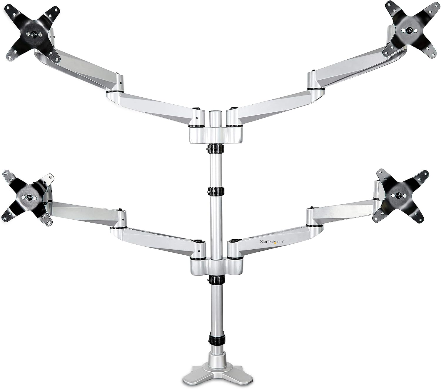 StarTech.com Desk Mount Quad Monitor Arm, Premium Articulating VESA 4X Monitor Mount 2x2 up to 30' (24.8lb/11.3kg), Height Adjustable Pole, Tilt Swivel Rotate, Clamp or Grommet Base, TAA