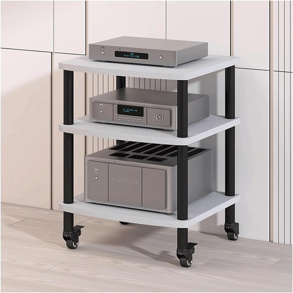 Audio Rack with Wheels Stereo Rack Audio Equipment Rack Audio Open Stereo Shelf Wooden Movable HiFi Rack Audio-Video Shelving Practical(Wei�,3 Tier)