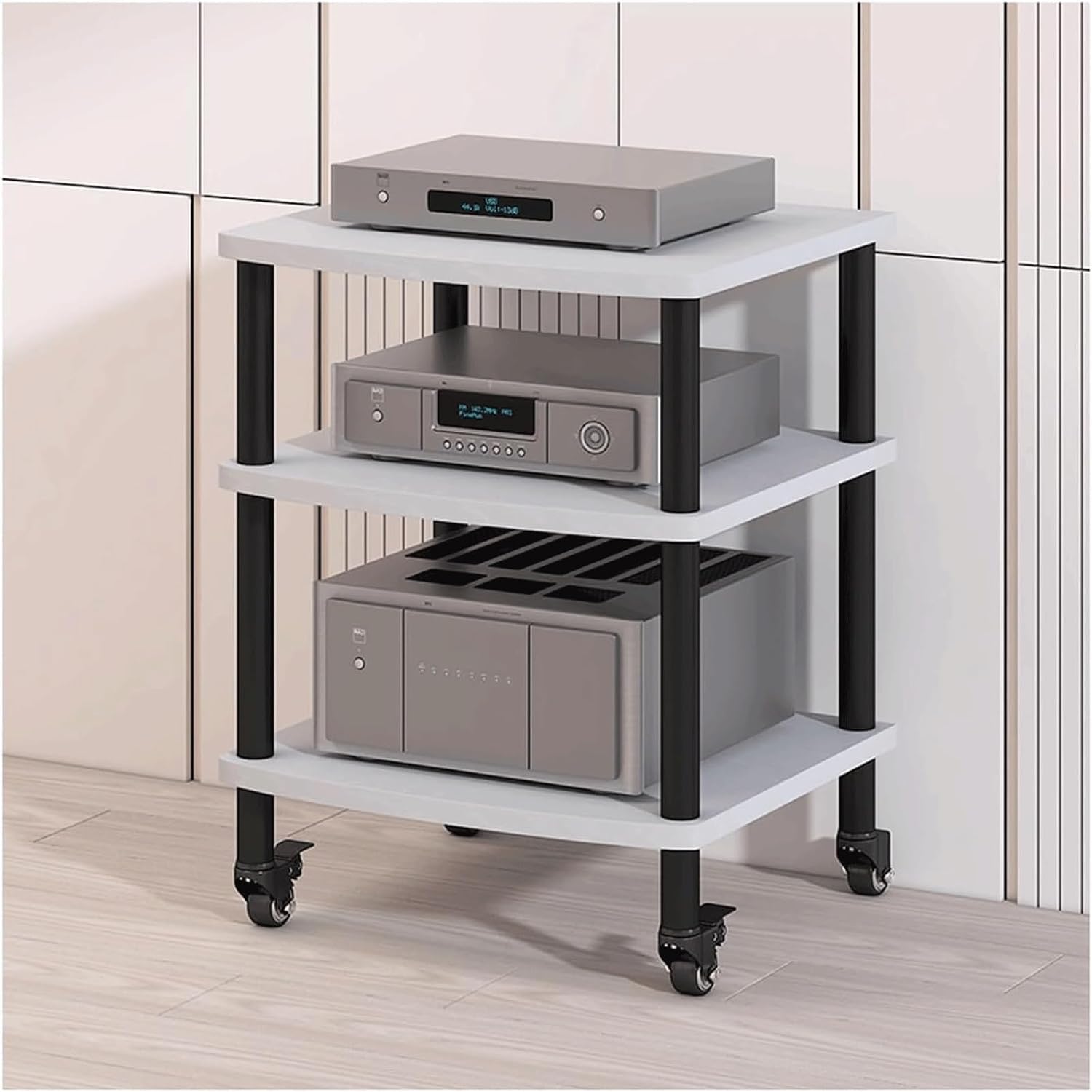 Audio Rack with Wheels Stereo Rack Audio Equipment Rack Audio Open Stereo Shelf Wooden Movable HiFi Rack Audio-Video Shelving Practical(Wei�,3 Tier)