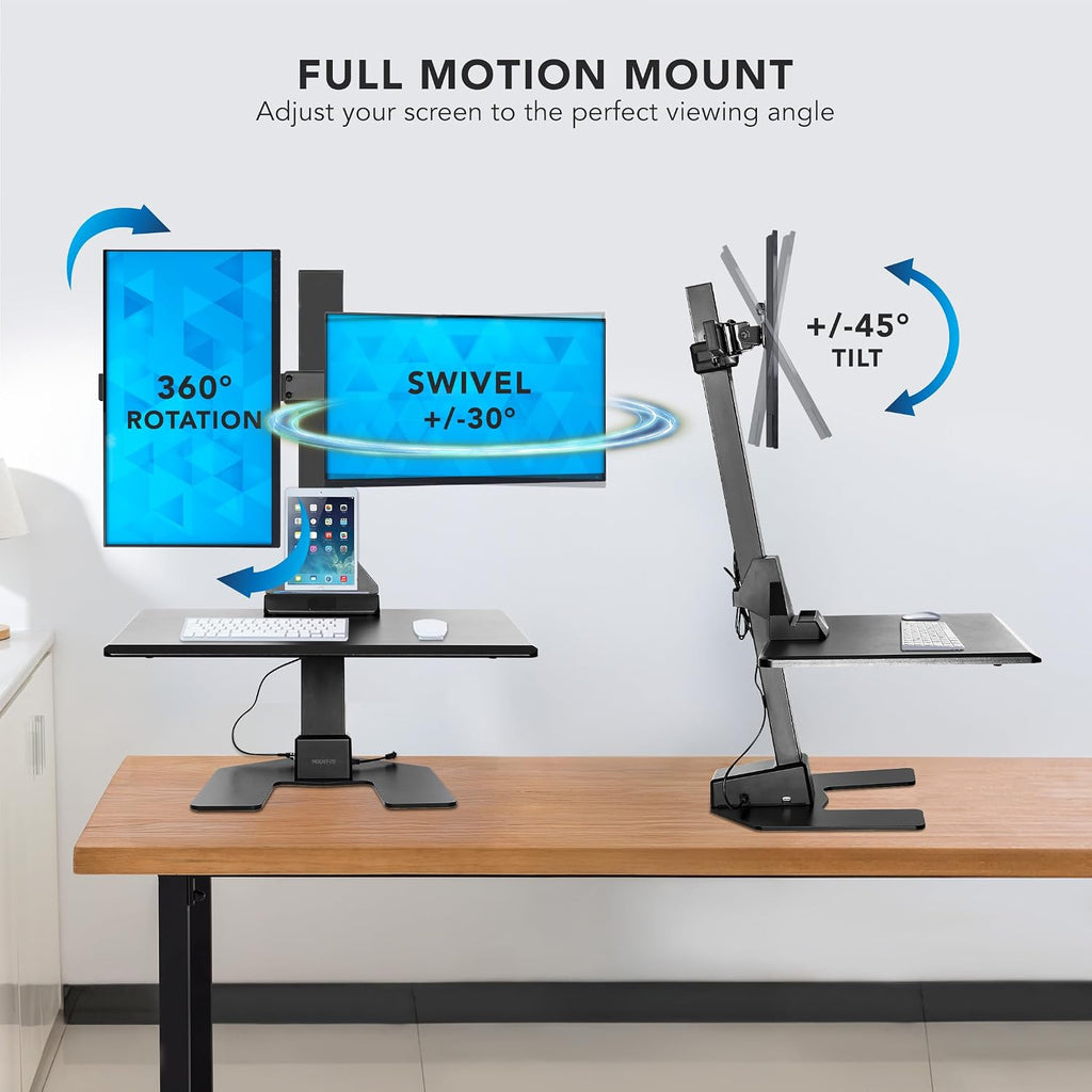 Mount-It! Double Monitor Electric Standing Desk Converter - 2 Screens Stand Up Desk Riser - Height Adjustable Desktop & 2 Mounts for Screens up to 32', Sit-Stand Convertor for Home, Office, School