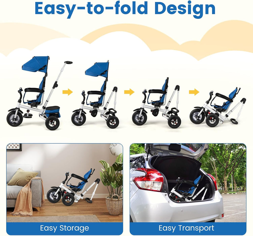 HONEY JOY Tricycle, 5-in-1 Folding Baby Trike Stroller w/Adjustable Handle & Canopy, Reversible Seat, Safety Belt, Folding Pedal, Bell, Storage, Push Tricycle for Toddlers 1-5 Years Old (Blue)