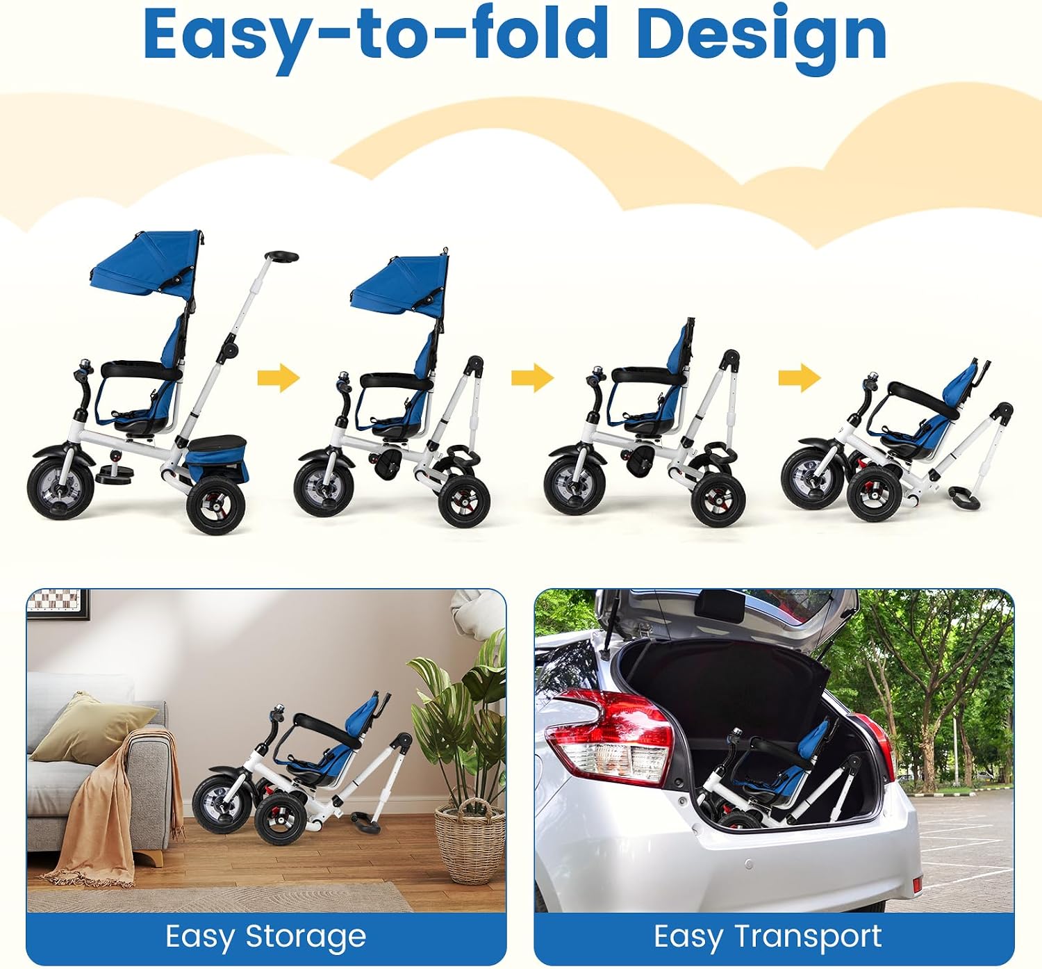 HONEY JOY Tricycle, 5-in-1 Folding Baby Trike Stroller w/Adjustable Handle & Canopy, Reversible Seat, Safety Belt, Folding Pedal, Bell, Storage, Push Tricycle for Toddlers 1-5 Years Old (Blue)