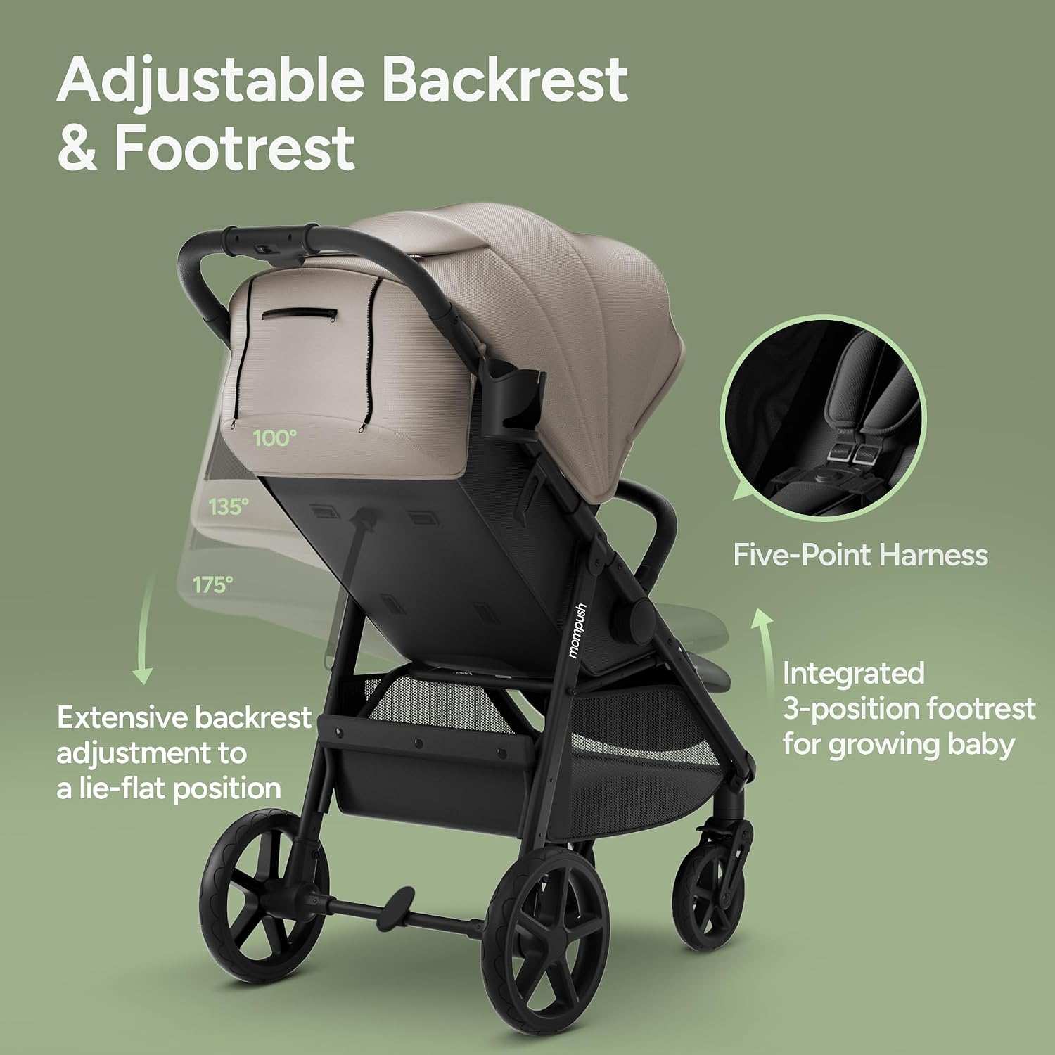 Mompush Nova Infant Baby Stroller for Newborn to Toddler, Oversized Seat up to 50 lbs, All-Terrain 10' Wheels & Suspension, One-Hand Fold; Lie-Flat Mode; UPF 50+ Canopy