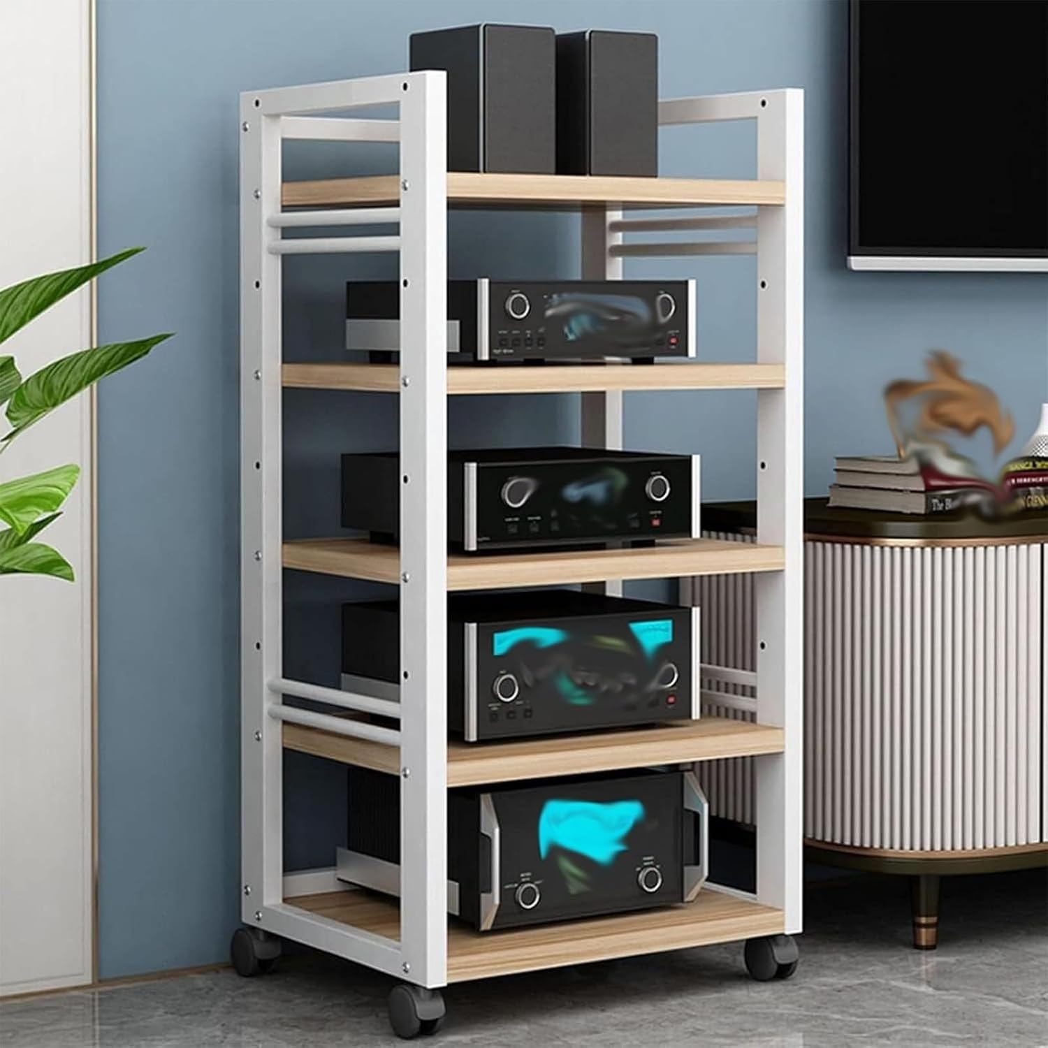 Large Capacity Vintage Stereo Console, Adjustable Outdoor 5-Tiers Audio Video Equipment Rack, Mobile Multi-Layer Commercial AV Media Stand/Bookshelf (Size : Style E)