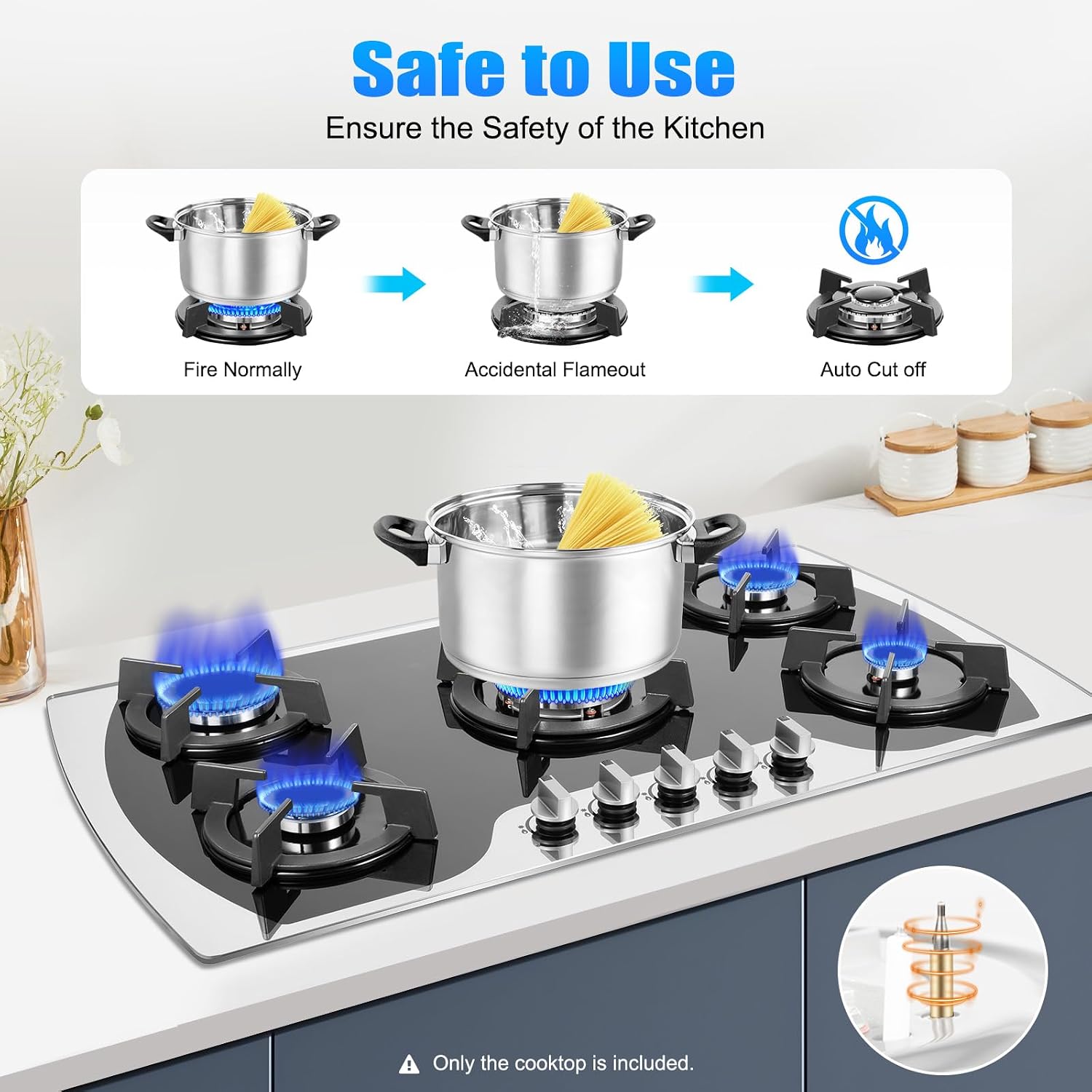 Gas Cooktop, 35''Tempered Glass Stovetop Cooker Built-In Gas Hob with 5 Burners NG/LPG Convertible Gas Cooktops for Kitchen, Home, Apartments, RVs (Style 2)