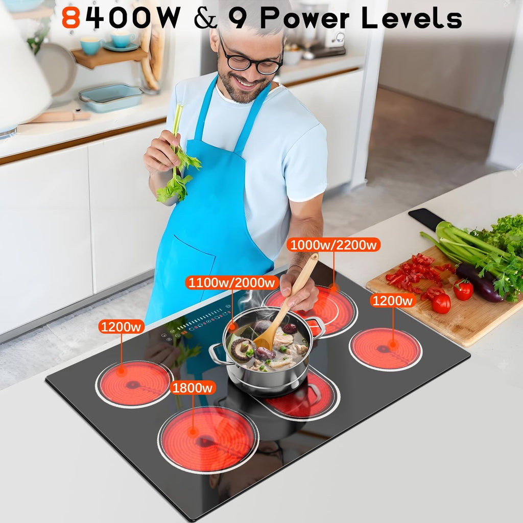 30 Inch Electric Cooktop 8400W 5 Burner Electric Stove Top with Slider Control Built-in Ceramic Cooktop 30'', Dual Oval Zone, Timer & Safety Lock, Hot Surface Indicator, 220V, Hard Wire No Plug