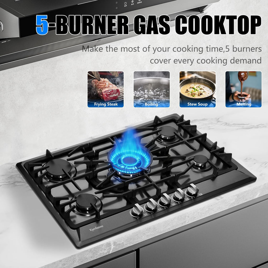Gas Cooktop 30 Inch, Built-in 5 Burners Gas Stovetop Stainless Steel LPG/NG Convertible Gas Stove Dual Fuel Sealed Gas Cooktop - Black