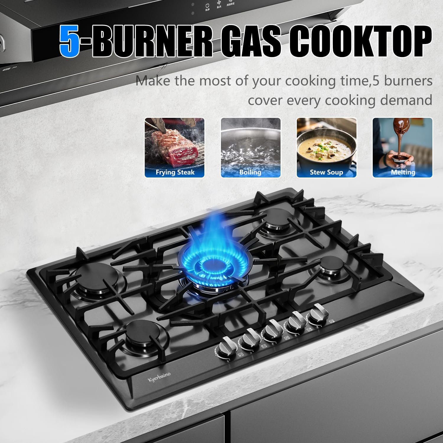 Gas Cooktop 30 Inch, Built-in 5 Burners Gas Stovetop Stainless Steel LPG/NG Convertible Gas Stove Dual Fuel Sealed Gas Cooktop - Black