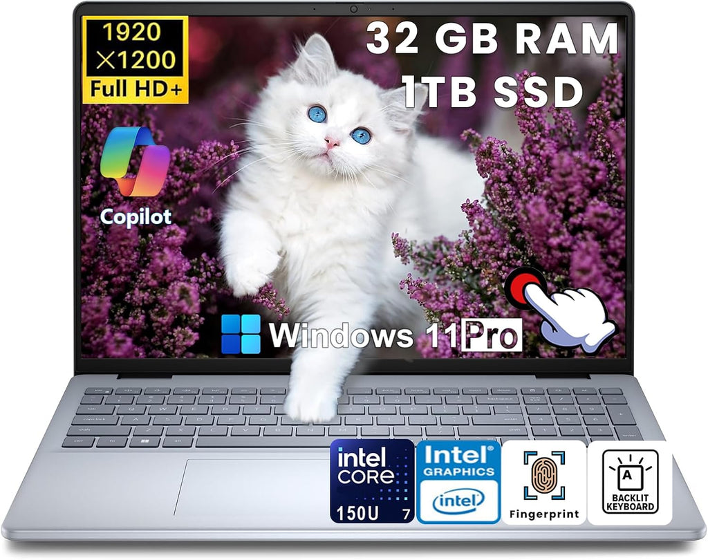Dell 16-Inch Touchscreen Laptop Computer – Intel 10-Core 7 150U, 32GB DDR5 RAM, 1TB SSD, 16' FHD+ Anti-Glare, Ai Copilot, Fingerprint, Backlit KB, Win 11 Pro, for Business & Student