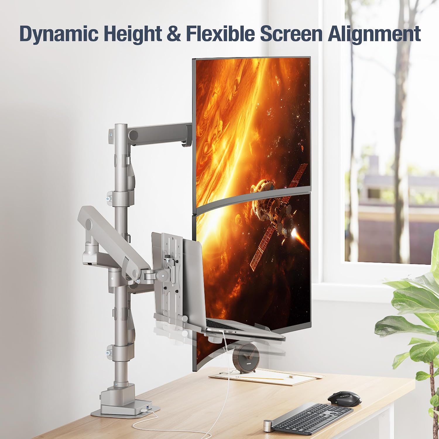 AVLT Laptop & Dual 40 Inch Stacking Monitor Arm Pole Top Mount with USB-C, A Ports - Gray, Supports 26.4 lbs (12kg), Ultrawide Screen Fit, VESA Compatible, Multi-Screens, Ergonomic Workspace Upgrade