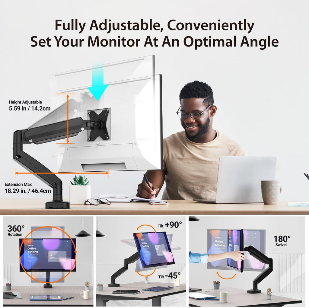 j5create Monitor Mount with 6-in-1 Docking Station, Fully Adjustable Gas Spring Monitor Arm for 17 to 32 inch Screen, Conveniently Set Optimal Angle and Maximize Productivity (JTSA301)