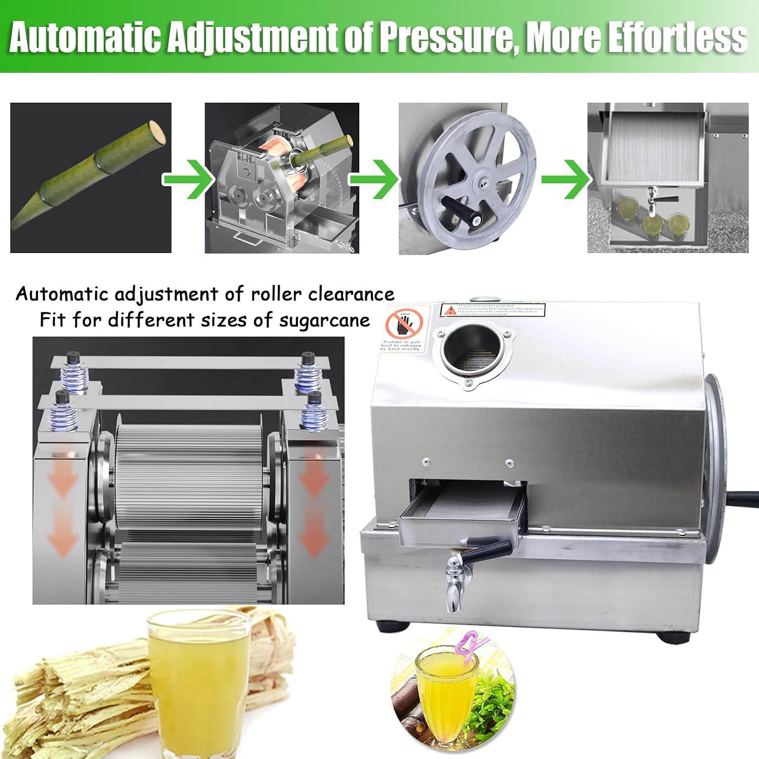Manual Sugarcane Juicer - Stainless Steel 3-Roller Commercial Juice Extractor, 2.4in Inlet, 330lbs/h Output, Sugar Cane Press Machine, Sugarcane Juice Squeezer for Home and Business