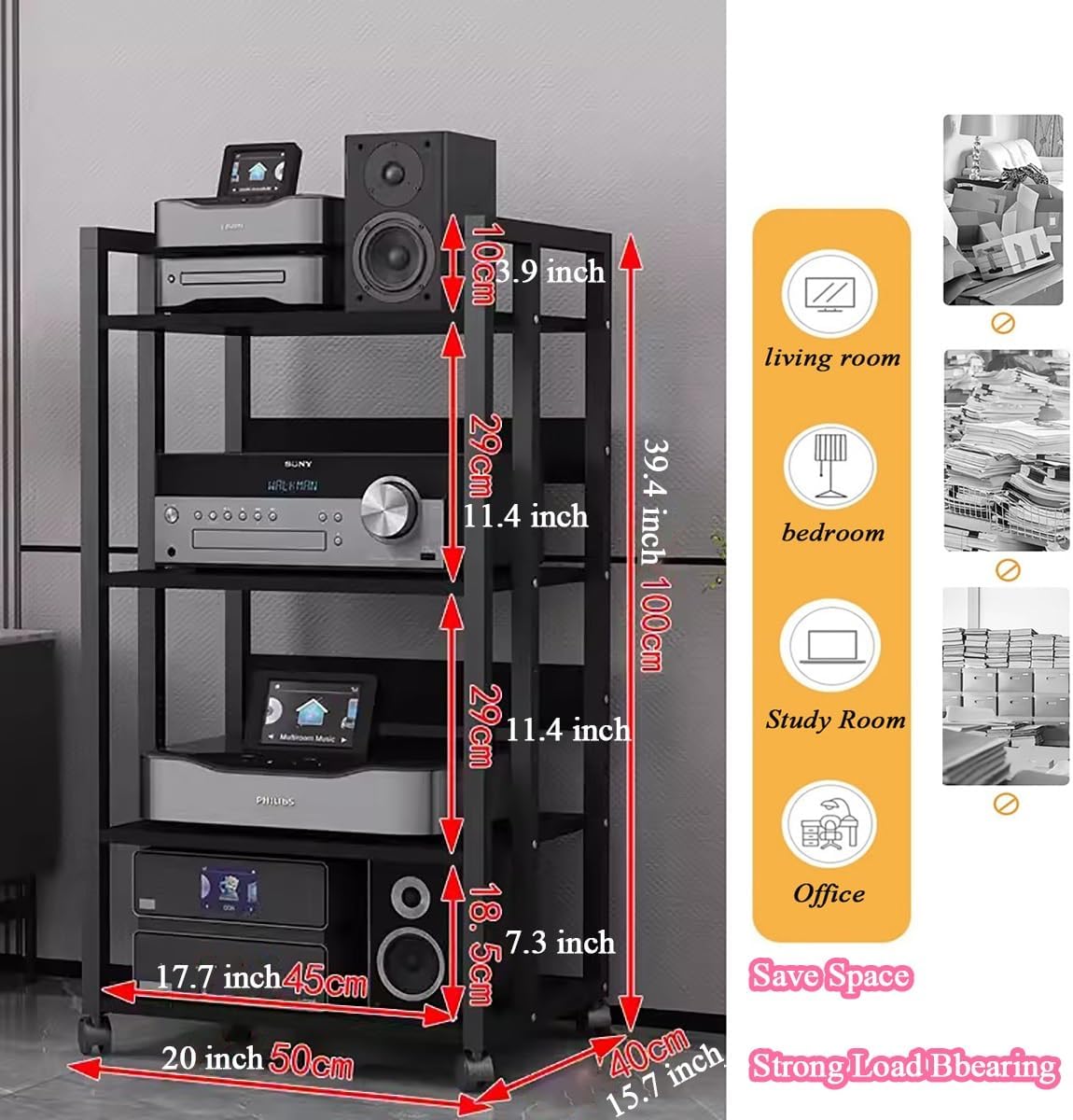 4 Tier Media Stand Component Storage Unit, Audio Video Equipment Rack, Wooden Stereo Receiver Shelf Record Player For Home Theater Club Office