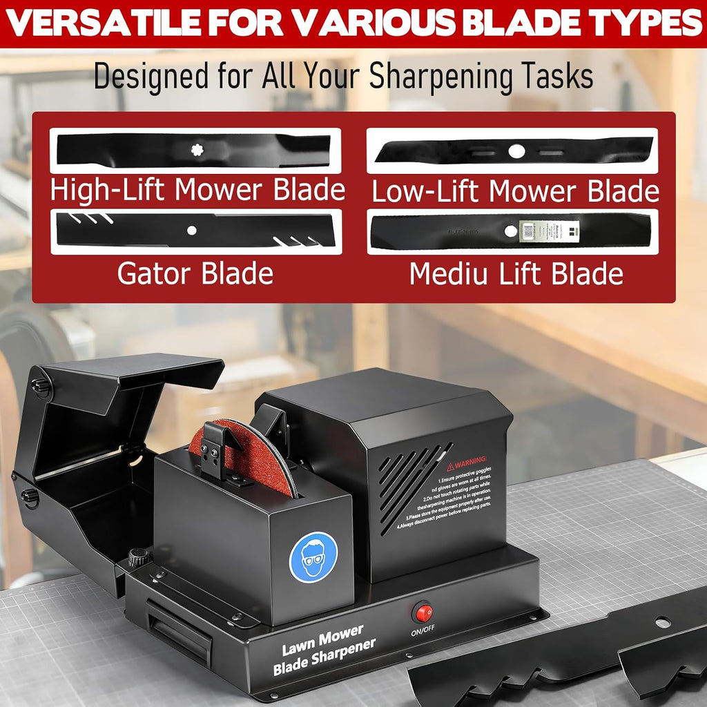 Lawn Mower Blade Sharpener Machine, 7' Bench Grinder with Ceramic Wheel & Sanding Kit, Heavy Duty Blade Sharpening Tool for High Lift, Low Lift, Gator & Flat Blades