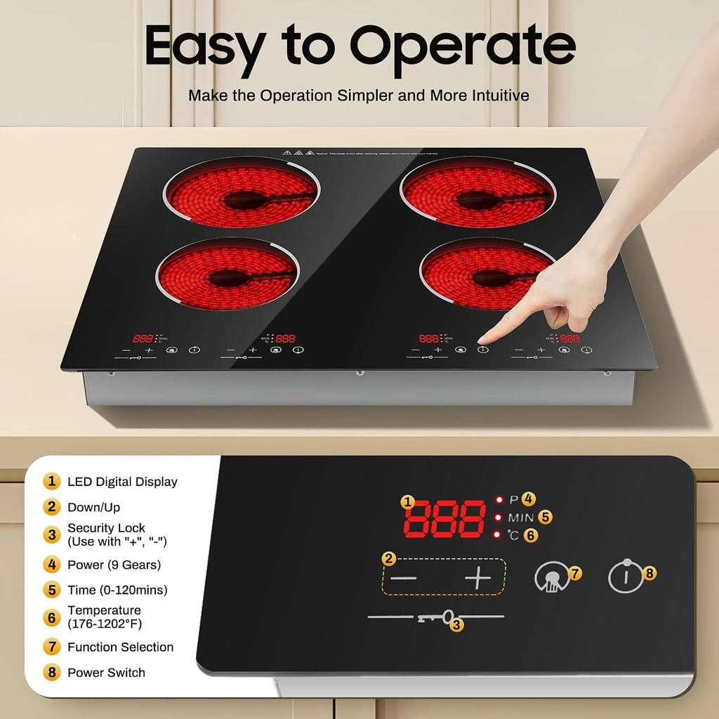 PERFERATE Electric Cooktop 4 Burner Electric Ceramic Cooktop 3000W,110V Countertop/Built-in Ceramic Stove Top with Touch-Control 9 Heating Levels Radiant Stove Top for All Cookwares