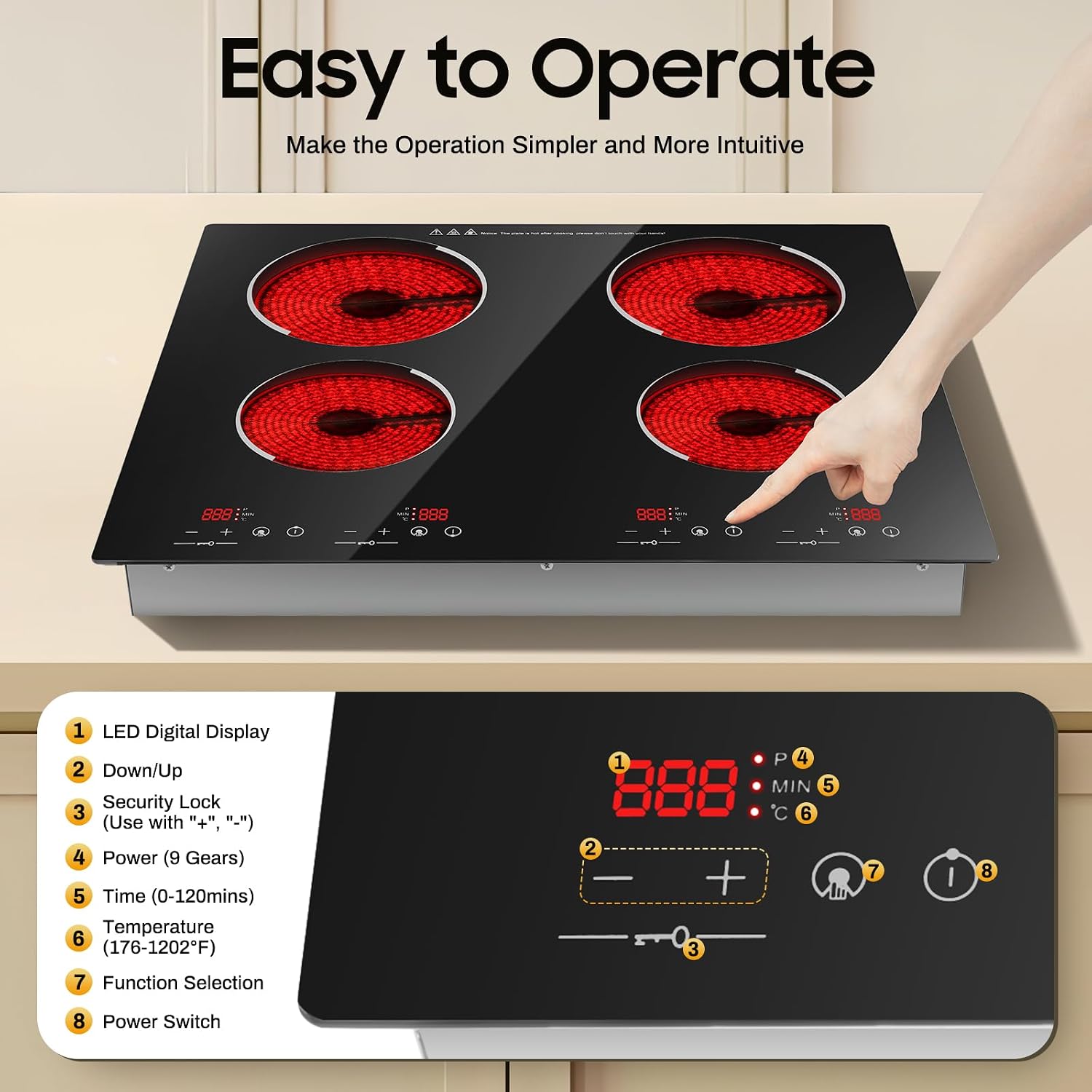 Electric Cooktop,Electric Stove Top with 4 Electric Burners,Built-in Cooktop 3000W,120min Timer,9 Heating Level, Kid Safety Lock,Sensor Touch Control,110V