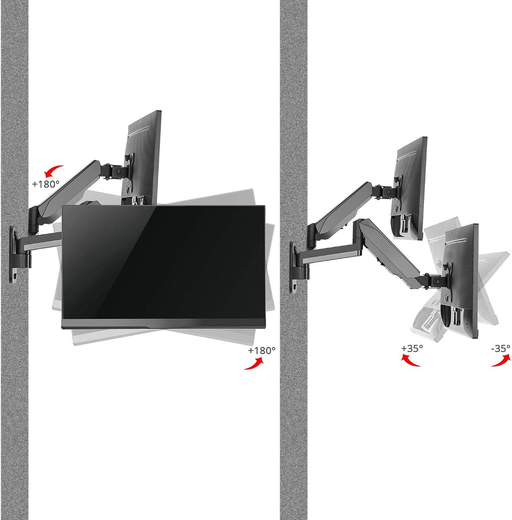 SIIG Dual Arm Monitor Wall Mount for 17' to 32' Screens, Up to 17.6lbs per Monitor, Heavy Duty Aluminum Gas Spring with Rotation, Tilt, Swivel, VESA 75x75 or 100x100 (CE-MT2M12-S1)