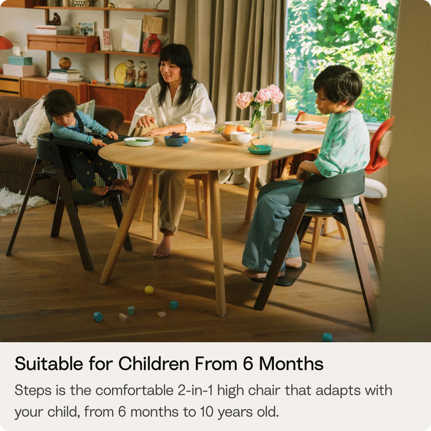 Stokke Steps High Chair for Babies & Children from 6 Months to 10 Years – 2-in-1 Adjustable & Ergonomic Design – Removable Baby Set, Tray & Safety Harness – 18.9 x 24.4 x 34.7 – Black/Warm Brown