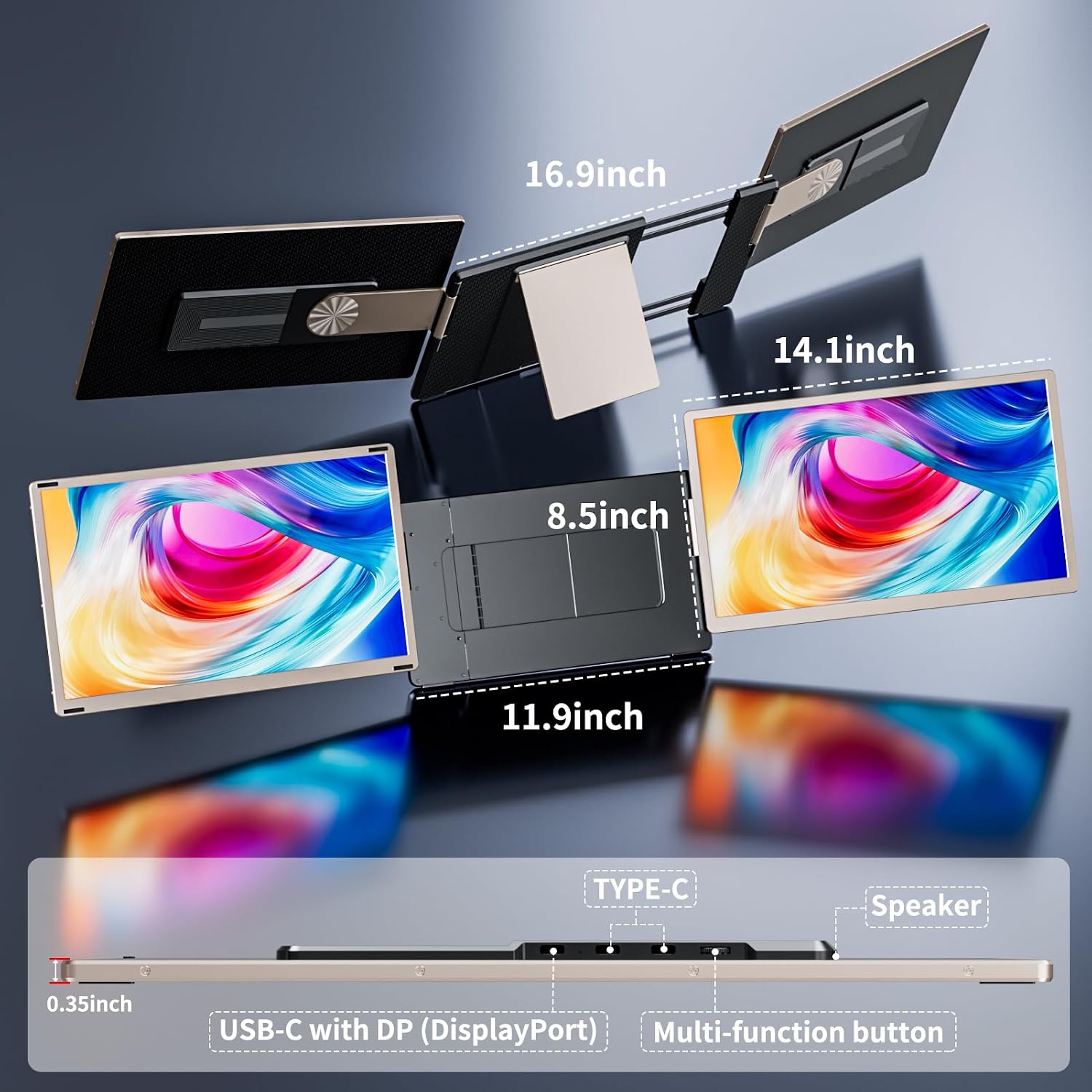 S6 Laptop Screen Extender Monitor Portable, 15.6'' Dual Screen Monitors for Laptop Plug and Play, FHD 1080P IPS Multi Triple Monitor for 13''-17'' Laptops Compatible with Mac/Wins/Android/Dex