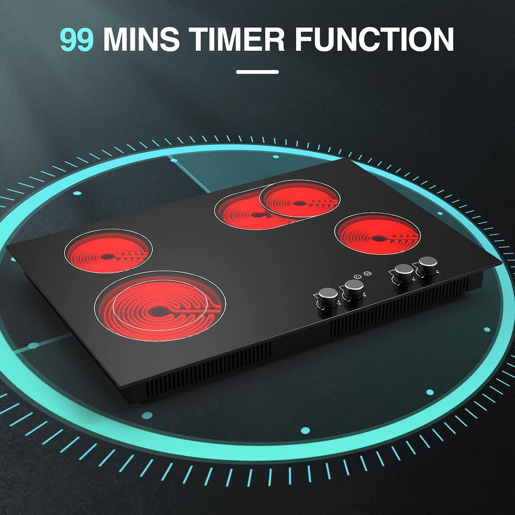 Electric Cooktop, 30 Inch Built-in Electric Smoothtop with 4 Elements, Touch & Knob Control, 9 Heating Levels, Child Lock, Timer, Hot Surface Indicator, 6800W Electric Stove Top Hot Plate