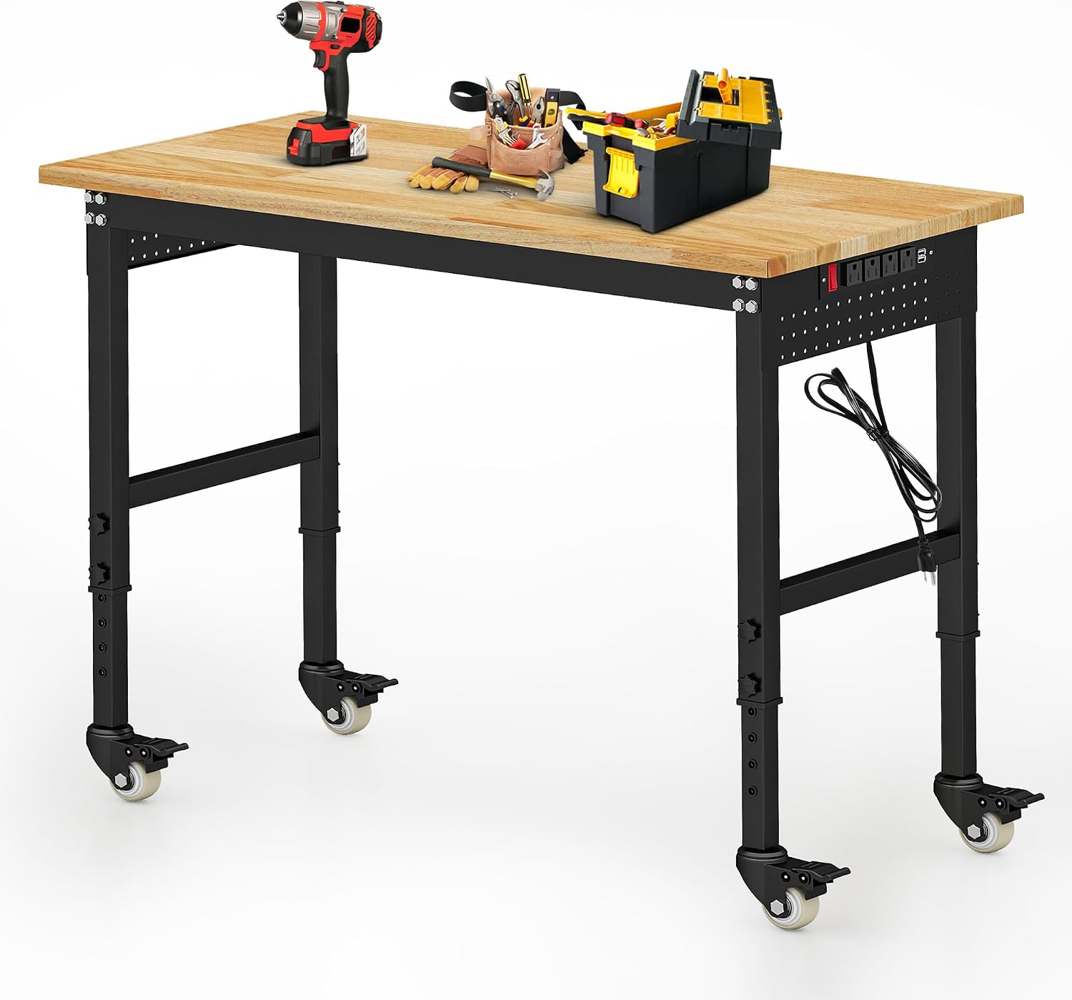Betterhood 48' Adjustable Workbench on Wheels, Rubber Wood Heavy Duty Workstation with Power Outlets&2 Pegboards, 2000 Load Capacity Hardwood Worktable for Workshop, Garage, Office, Home, Commercial