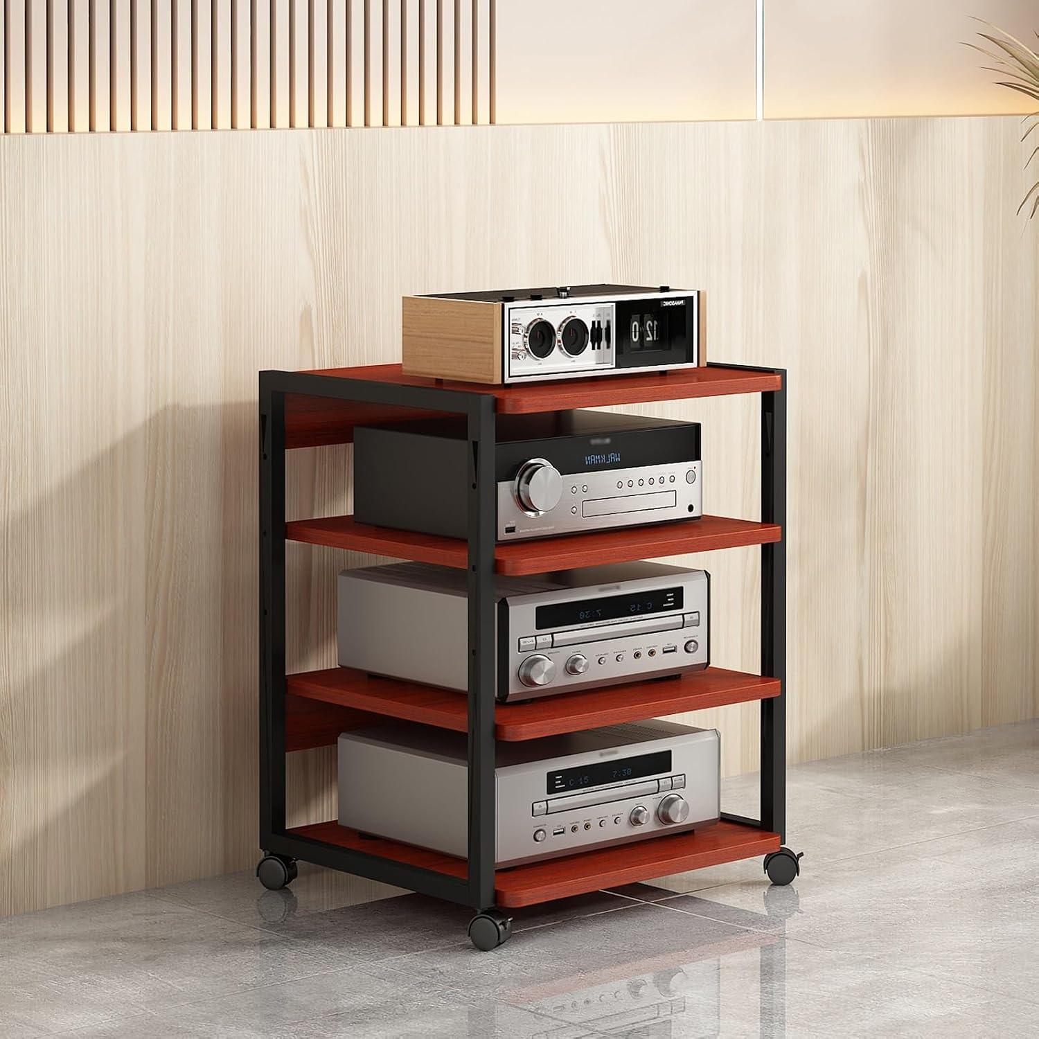 Modern 4-Tier Stereo Stand Cabinet, AV Media Console with Wooden Storage Shelves, Corner Entertainment Center for Audio Video Components, CD Rack - 50x40x69.5cm