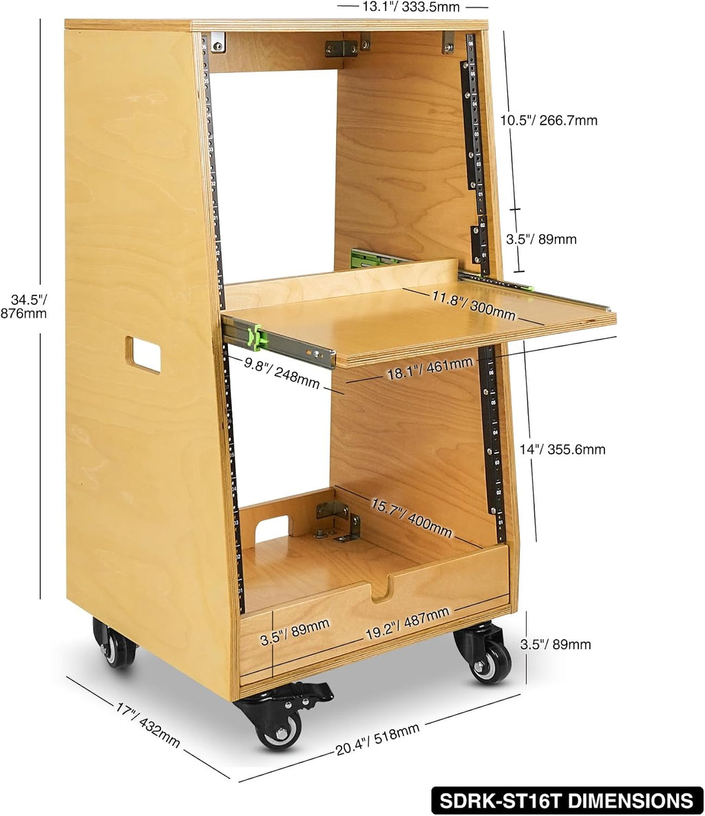 Sound Town DIY Slanted 16U Studio Rack (8U Top + 8U Lower), with 2U Bottom Storage, Slide-Out Tray, Caster, Plywood, Golden Oak for Recording Room, Home Studio (SDRK-ST16T)