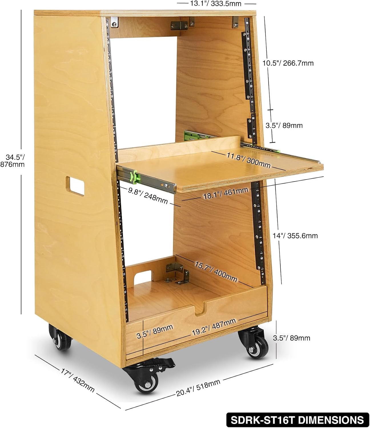 Sound Town DIY Slanted 16U Studio Rack (8U Top + 8U Lower), with 2U Bottom Storage, Slide-Out Tray, Caster, Plywood, Golden Oak for Recording Room, Home Studio (SDRK-ST16T)