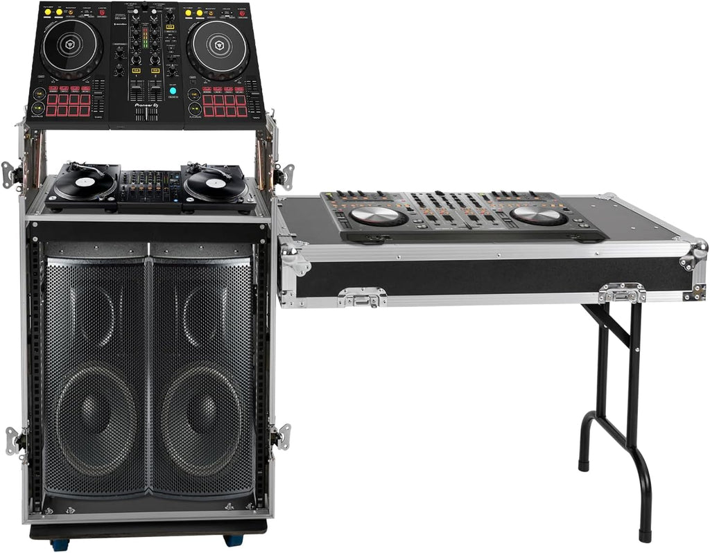14U PA DJ Rack with DJ Table Tops, 661LBS Recording Studio Racks Audio Equipment Cabinet, Mobile Stereo Rack with Lockable Wheels for Studio/Wedding (Black)