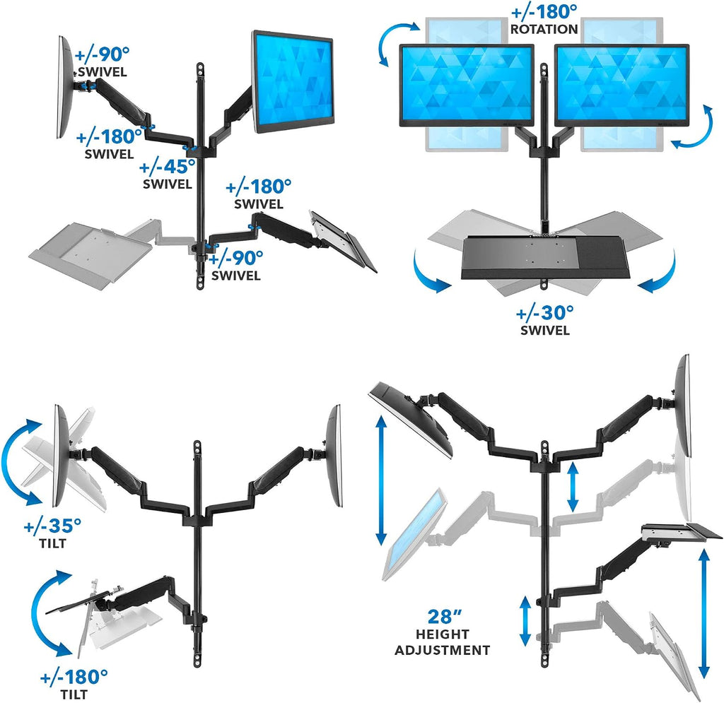 Mount-It! Dual Monitor Arm Wall Mount Workstation with Keyboard Tray & CPU Holder, Height Adjustable Gas Spring Full Motion Computer Station, Fits 17–32' VESA 75x75 100x100, Black