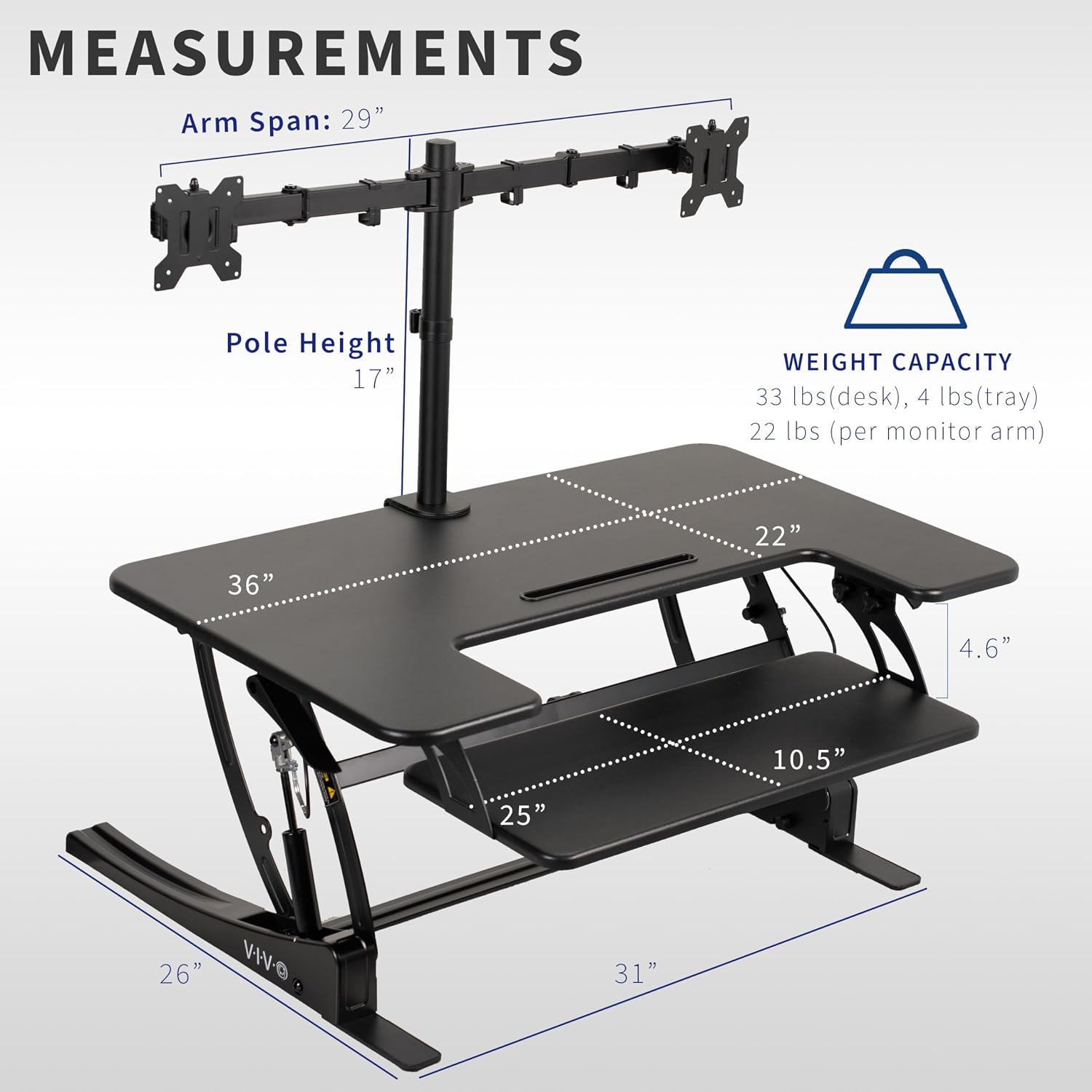 VIVO 36 inch Standing Desk Converter with Dual Monitor Mount Arms for up to 30 inch Screens, Height Adjustable Desk Riser, Black, DESK-KIT-0V02