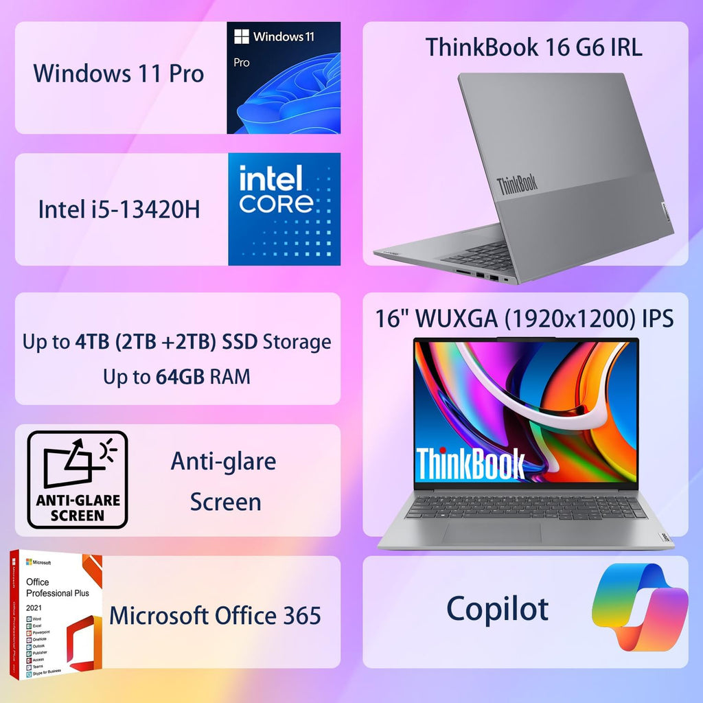 Lenovo ThinkBook 16 G6 Laptop for Business and Student, Microsoft Office Web, 16' WUXGA Anti-Glare Screen, Intel Core i5-13420 (Beat Intel Core i7-1365U), 16GB DDR5 RAM, 512GB SSD, Windows 11 Pro