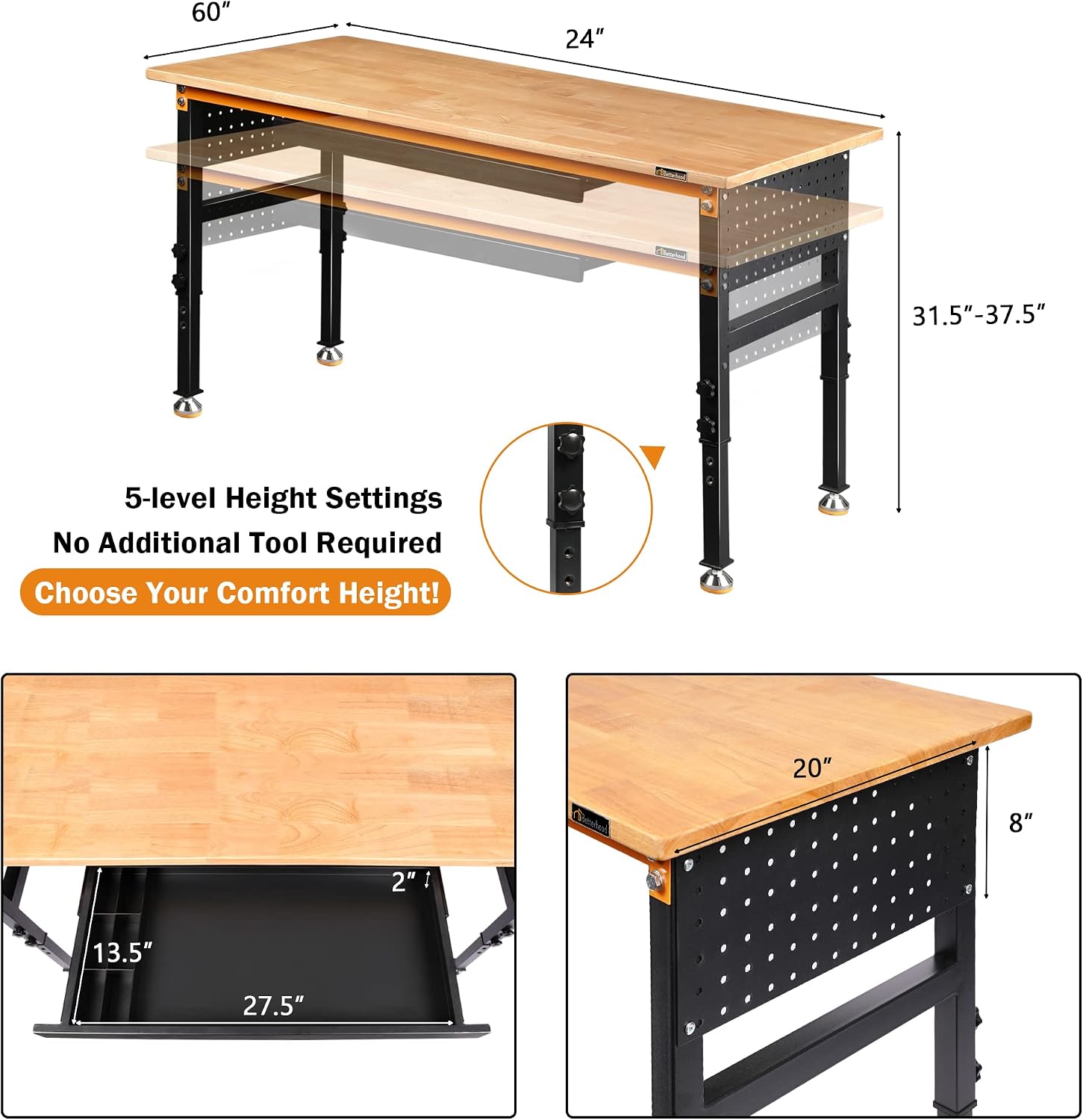 Betterhood 60' Heavy-Duty Adjustable Workbench for Garage, Rubber Wood Shop Table W/Double Pegboards & Drawer,Hardwood Workstation Weight Capacity Over 2000 Lbs