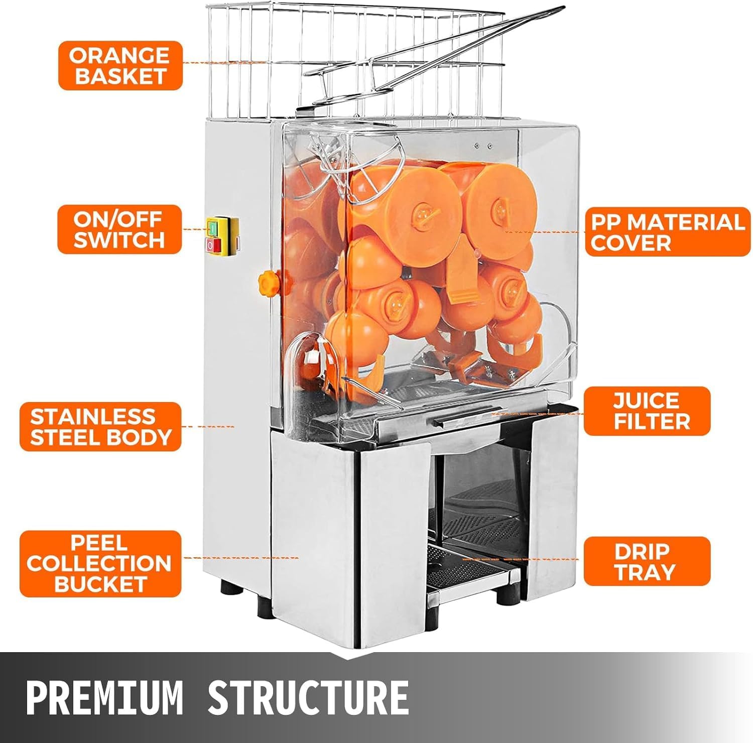 Commercial Juicer Machine E2x, Oranges Juice Machine with Pull-Out Filter Box Commercial Orange Juicer 22-30 Oranges Per Minute, 110V Juice Extractor, 120W Orange Squeezer