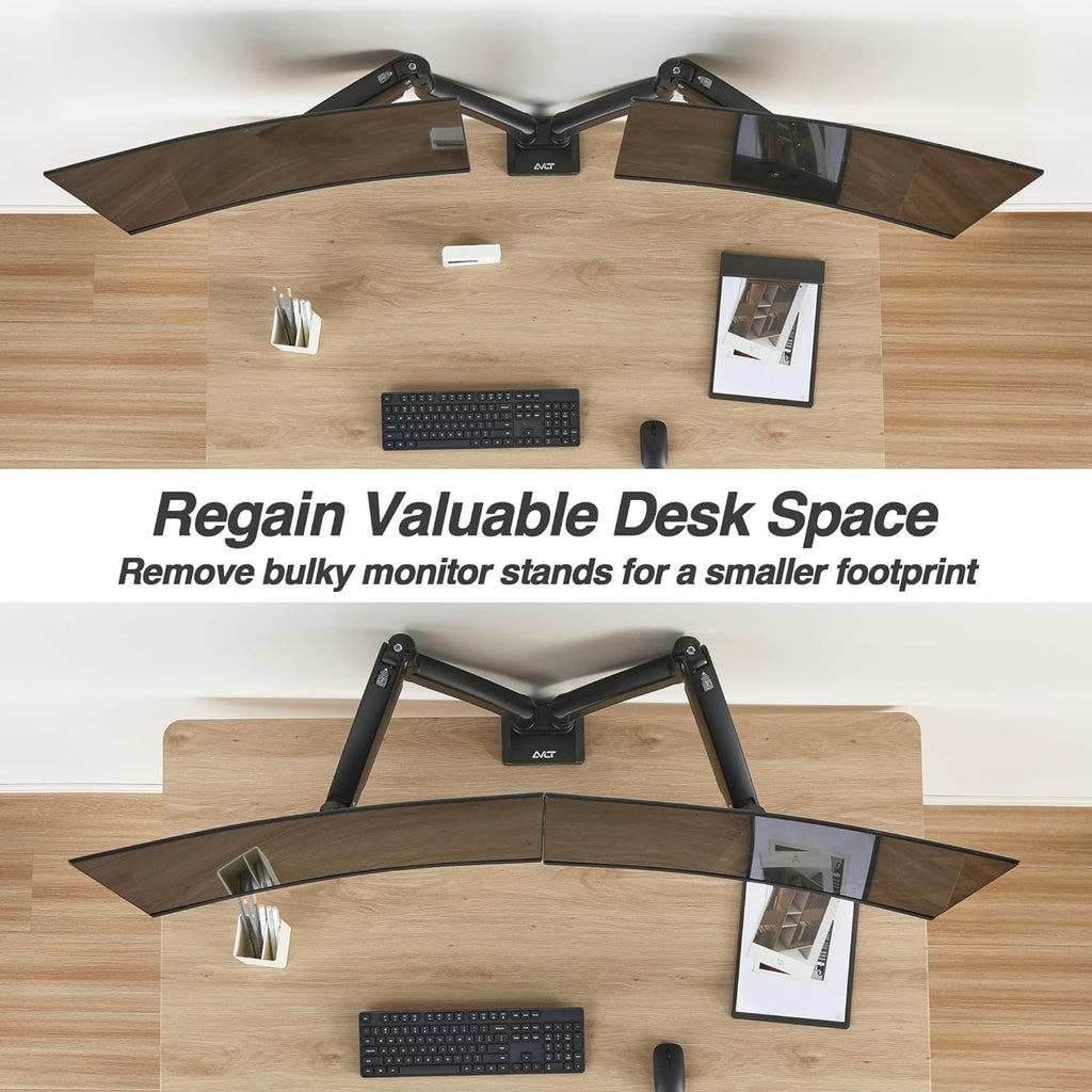 AVLT Dual Monitor Arm Desk Mount for 13'–43' Flat/Curved Screens with USB-A Pass-Through, Full Motion Height Adjustable Swivel Tilt Rotation VESA/C-Clamp/Grommet/Cable Management, Black