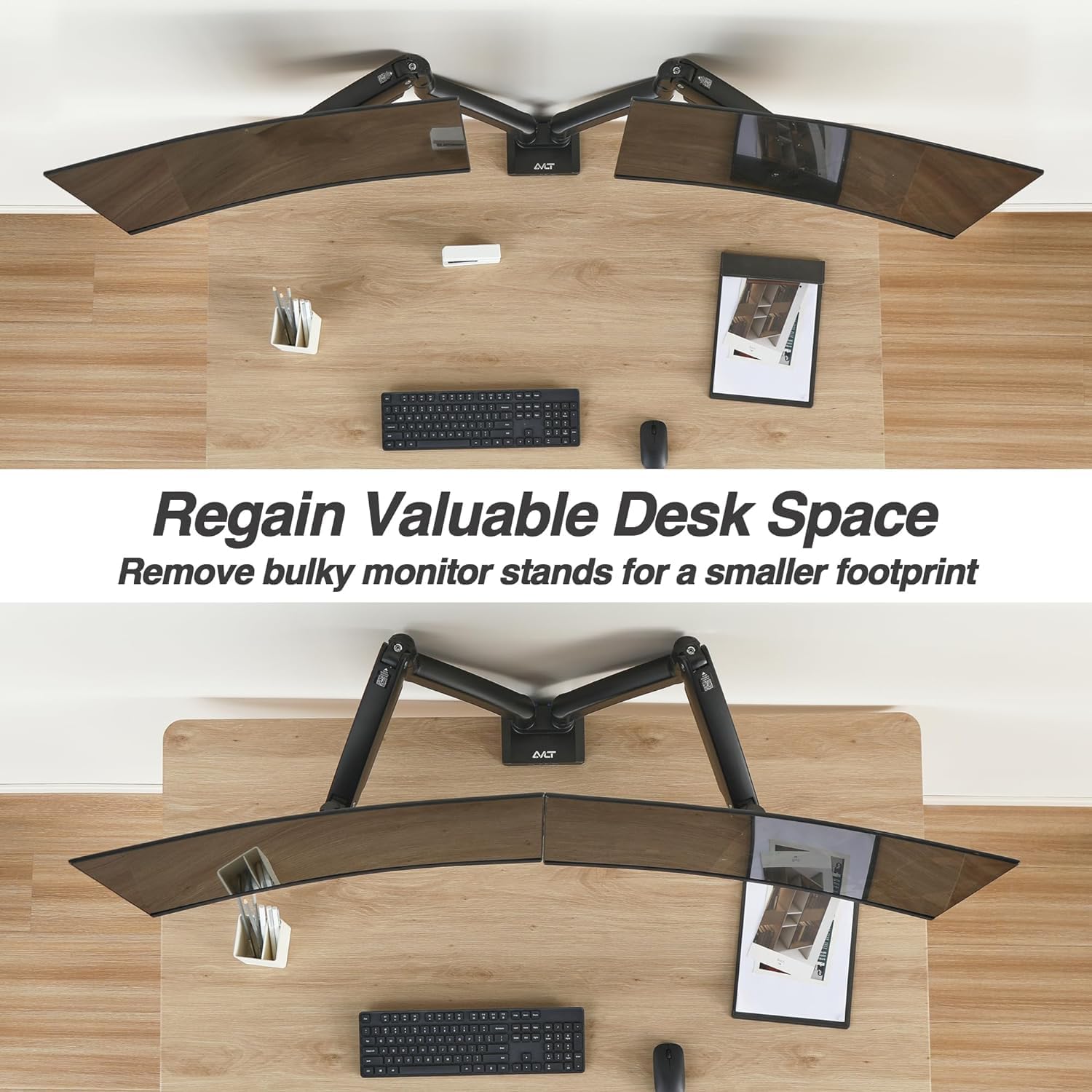 AVLT Dual Monitor Arm Desk Mount for 13'–43' Flat/Curved Screens with USB-A Pass-Through, Full Motion Height Adjustable Swivel Tilt Rotation VESA/C-Clamp/Grommet/Cable Management, Black